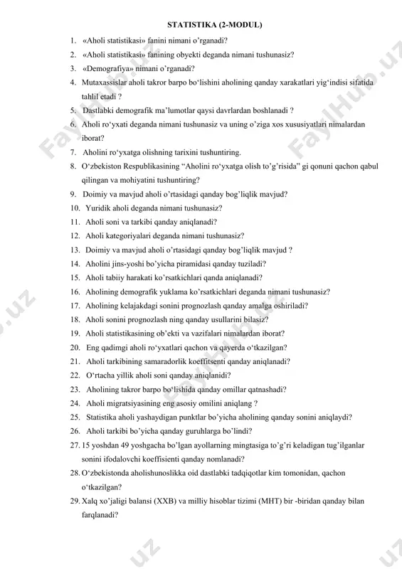 alansi (xxb) va milliy hisoblar tizimi (mht) bir -biridan qanday bilan farqlanadi? 30. mhtda makroiqtisodiy faoliyat natijalarini ifodalovchi qanday ko‘rsatkichlarni bilasiz? 31. mht bo’yicha aktiv va passivlar balansi ko’rsatkichlari deganda nimani tushunasiz? 32. yaim deganda nimani tushunasiz? 33. yalpi ichki mahsulotning mohiyati qanday? 34. yalpi ichki mahsulot hajmi qanday usullar bilan aniqlanadi? 35. nominal va real yaim orasida qanday farq bor? 36. oraliq iste’mol deb nimaga aytyiladi? 37. yalpi qo‘shilgan qiymat deganda nimani tushunasiz va uning tarkibiga nimalar kiradi? 38. sof qo‘shilgan qiymat deganda nimani tushunasiz va uning tarkibiga nimalar kiradi? 39. dj. xiksning daromad haqidagi ta’limoti. 40. milliy daromad qanday maqsadlarga ishlatiladi? 41. norezident birliklarga qanday institutsion birliklar kiradi? 42. norezident birliklarga qanday institutsion birliklar kirmaydi? 43. rezident birliklarga qanday institutsion birliklar kirmaydi? 44. rezident birliklarga qanday institutsion birliklar kiradi? 45. mulkdan olingan daromadlar tarkibi nimalardan iborat? 46. yaimning deflyatori qanday aniqlanadi? 47. o‘zbekistonda aholishunoslikka oid dastlabki tadqiqotlar kim …