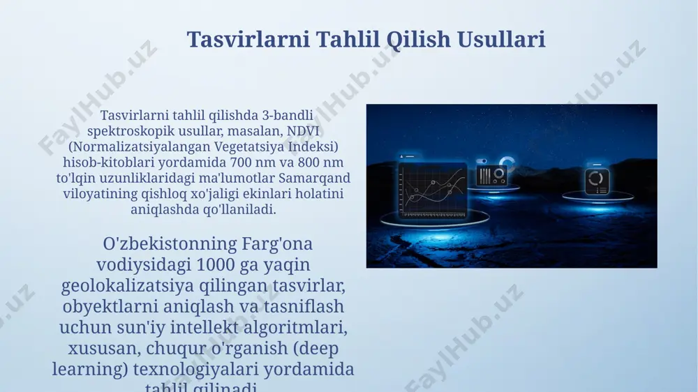 nsorlari, masalan, aviris, 200 dan ortiq spektral kanallarni qayd etib, maydon ob'ektlarining spektral xususiyatlarini batafsil o'rganishga imkon beradi, bu esa kaliforniya shtatining o'rmonlarini monitoring qilishda qo'llaniladi. ob'ektlarni aniqlash va o'lchash landsat 8 sun'iy yo'ldoshi yordamida o'zbekistonning qoraqalpog'iston respublikasidagi 1000 gektar maydonni qamrab oluvchi paxta dalalarining hosildorligini aniqlashda ndvi koeffitsiyentining qiymati 0,7 dan yuqori bo'lgan hududlar yuqori hosildorlikni ko'rsatadi. 2022-yilda toshkent shahridagi binolarni aniqlash va ularning balandligini o'lchashda lidar texnologiyasi 95% aniqlik bilan 500 dan ortiq binolarni aniqladi va o'rtacha balandliklarini 15 metr aniqlik bilan hisobladi. e'tiboringiz uchun rahmat @taqdimot_robot image4.png image5.jpg image6.jpg image7.jpg image8.jpg image9.jpg image10.jpg image11.jpg image12.jpg image13.jpg image14.jpg image15.jpg image16.jpg image17.jpg image3.jpeg