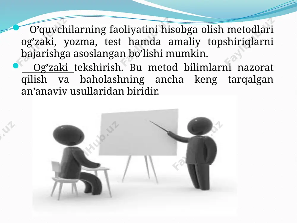 rgarlikning shu bosqichida bajarilishi kerak bo’lgan barcha kimyoviy jarayonlarni to‘g‘ri bajarib, ishdan aniq natijalar olsa; e) to‘g‘ri kuzata olsa, kuzatilganlarini aniq yoza olsa, rasmlarni batafsil chiza olsa, to‘g‘ri xulosalar chiqara olsa; f) tajribalarni mustaqil suratda bajarsa va bu ishda tashabbus ko‘rsatsa, bunday o‘quvchining amaliy ishiga «5» baho qo‘yiladi. test – aniq maqsad asosida muayyan holat darajasini sifat va miqdoriy ko’rsatkichlarda belgilashga imkon beruvchi sinov vositasi. pedagogik amaliyotda testning bir qator afzalliklari ko’zga tashlanadi. ular quyidagilardir: 1)nazorat uchun vaqtning kam sarflanishi; 2) nazariy va amaliy bilim darajasini ob’ektiv sharoitda aniqlash imkonining mavjudligi; 3) bir vaqtning o’zida ko’p sonli o’quvchilar bilan nazoratni tashkil etish mumkinligi; 4) bilim natijalarining o’qituvchi tomonidan qisqa muddatda tekshirilishi; 5) barcha o’quvchilarga bir xil murakkablikdagi savollar berilib, ular uchun bir xil sharoitning yaratilishi. reyting nazorati asosida o’quvchilarning o’quv faoliyatini hisobga olishning yuqorida keltirilgan metodlari bilan birga test usulidan ham samarali foydalanilmoqda. test so’rovidan nafaqat o’quvchilarning bilim, ko’nikma va …