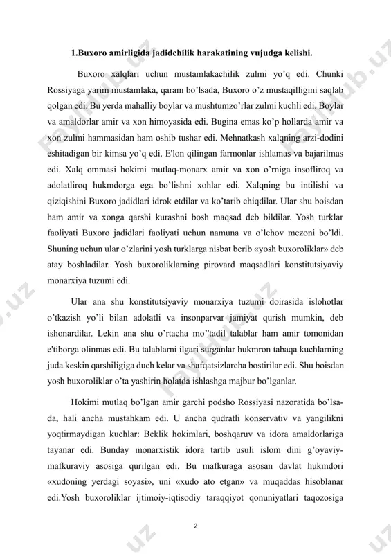 dorlariga tayanar edi. bunday monarxistik idora tartib usuli islom dini g’oyaviy-mafkuraviy asosiga qurilgan edi. bu mafkuraga asosan davlat hukmdori «xudoning yerdagi soyasi», uni «xudo ato etgan» va muqaddas hisoblanar edi.yosh buxoroliklar ijtimoiy-iqtisodiy taraqqiyot qonuniyatlari taqozosiga ko’ra xalq ommasi o’rtasida tayanch bazaga ega emas edilar, ular o’zlariga ittifoqchilarni chetdan izlanadilar va rossiya timsolida amir va xon zulmidan ozod bo’lish mumkin, degan tariqda ham turmaydigan va kechirib bo’lmaydigan siyosiy xatoga yo’l qo’ydilar. albatta yosh buxoroliklarning bu yo’l qo’ygan xatoliklarida ayyor va pixini yorgan shum bolshevoylarning uzoq maqsadni ko’zlab zimdan olib borgan tashviqot va targ’ibot ishlari ham katta o’rin tutdi.1916-1917 yillar oralig’ida yashirin «yosh buxoroliklar» firqasi va uning 12 kishilik markaziy qo’mitasi tashkil topdi. bu siyosiy partiyaning tashkil topishida «yosh turklar»ning «ittihodi va taraqqiy» firqasi, rossiya va turkistondagi sotsialdemokratik firqalarning ta'siri katta bo’ldi. «yosh buxoroliklar» firqasining markaziy qo’mitasi raisi abduvohid burxonov, kotibi usmon xo’ja (o’smonxo’ja po’latxo’jaev), xazinador muso saidjonov edi. bulardan tashqari firqaning …