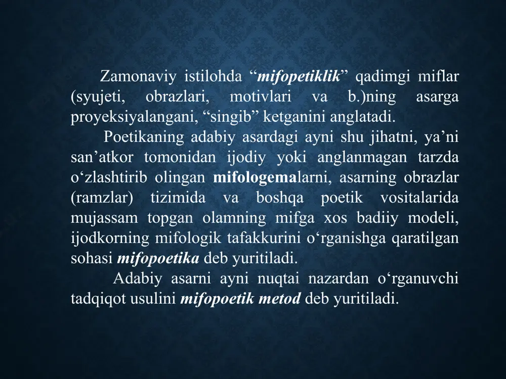 evosita bog‘liq, o‘rni bilan ularni izohlashga yordam beradi. jumladan, bu hodisaning ommalashish sabablarini tushunishga zamin yaratadi. xx asr adabiyotida – ham yevropa va amerika, ham lotin amerikasi adabiyotlarida qadimgi miflarga qiziqish bilan birga, yangi mif yaratish (buni shartli ravishda “mifnavislik” deb ataymiz) ham keng ommalashdi. masalan, kafkaning “evrilish”, garsia markesning “yolg‘izlikning yuz yili” kabi asarlarida bu narsani yaqqol ko‘rish mumkin. o‘tgan asr oxirlaridan neomifologizm unsurlari o‘zbek nasrida, jumladan, adabiyotida ham neomifologizm ko‘rina boshladi. jumladan, o.muxtor, e.a’zam, x.do‘stmuhammad, n.eshonqul, s.o‘nar, i.sulton asarlarida neomifologizm turli darajada namoyon bo‘ladi. ritual-mifologik maktab (mifologik tanqid) g‘arb adabiyotshunosligi (umuman g’arb madaniyatshunosligi va san’atshunosligi)da shakllangan ilmiy yo‘nalish. uning maydonga kelishi ibtidoiy madaniyatlarni o‘rgangan ingliz antropologlari e.teylor, e.leng, shuningdek, dinlar va magiya tarixini atroflicha tadqiq etgan j.j.freyzer nomlari bilan bog‘lanadi. ritual-mifologik maktabning keyingi rivoji esa k.yungning jamoaviy ongsizlik ta’limoti ta’sirida kechdi. mazkur maktabga ko‘ra, so‘z san’atining eng qadimgi shakllaridan to bugungi adabiyot namunalarigacha ritual va miflardan kelib chiqqan, …
