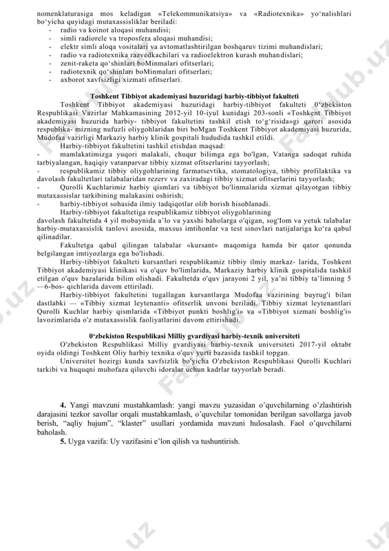 handislik bilim yurti deb atala boshlandi. yuksak malakali kadrlarni tayyorlash chirchiq oliy tank qo‘mondonlik-muhandislik bilim yurtining asosiy vazifasi bo4ib qoldi. u zamonaviy o‘quv-moddiy baza, texnika va qurol- aslaha, poligonlar, tankodromlarga ega. 1995-yilning 25-aprelida 0‘zbekiston respublikasi mudofaa vaziri qurolli kuchiar oliy bosh qo'mondoni nomidan bilim yurtiga jangovar bayroq topshirdi. ushbu voqea harbiy jamoaning ruhiy-ma’naviy ko4arinkiligiga, mag'rurligi yuksalishiga xizmat qildi. 25-aprel har yili bilim yurtida bayram sifatida nishonlanadi. mustaqillik yillarida bilim yurti ko‘p tarmoqli asosda ofitser kadrlarni tayyorlash o‘chog‘iga aylandi. bilim yurtida yuksak kasbiy mahoratli professor-o’qituvchilar o‘z faoliyatini amalga oshirayotgan 14 ta kafedra ishlab turibdi. oliygoh quyidagi yo‘nalishlar bo‘yicha harbiy mutaxassislar tayyorlaydi: · tank qolshinlari komandiri; · tank qo‘shinlari muhandislik ishlari ofitser-mutaxassislari; · havo-desant qo‘shinlari komandirlari; · havo hujumidan mudofaa qo‘shinlari komandirlari; · havo hujumidan mudofaa qo‘shinlari muhandislik ishlari ofitser- mutaxassislari; · avtomobil bo'linmalari uchun qo‘mondonlik-taktik muhandislik; · qo‘mondonlik-taktik artilleriya; · taktik muhandislik raketa-artilleriya o'q-dorilari va qurollari. jizzax oliy harbiy aviatsiya bilim …