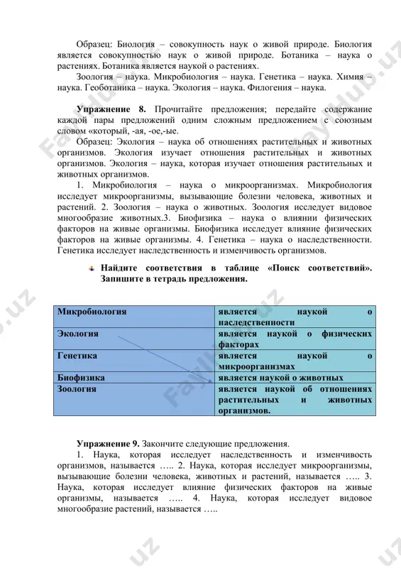 аследственность и изменчивость организмов, называется ….. 2. наука, которая исследует микроорганизмы, вызывающие болезни человека, животных и растений, называется ….. 3. наука, которая исследует влияние физических факторов на живые организмы, называется ….. 4. наука, которая исследует видовое многообразие растений, называется ….. упражнение 10. дайте определение генетике, микробиологии, биофизике и биохимии. упражнение 11. ответьте на вопросы. 1. какая наука вас больше интересует? 2. когда вы начали интересоваться этой наукой? 3. почему у вас появился интерес к этой науке: вы прочитали статью в журнале, услышали сообщение по радио, посмотрели передачу по телевизору, вам кто-то рассказал об этой науке или вы работали в этой области? 4. что вам известно об этой науке, о её достижениях, о её деятелях? упражнение 12. подготовьте рассказ о том, чем занимается биология. · составьте круги по воде на тему «биология» б-биогеоциноз и- о- л- о- г- и- я- упражнение 13. подготовьте рассказ о том, какая наука вас больше интересует …