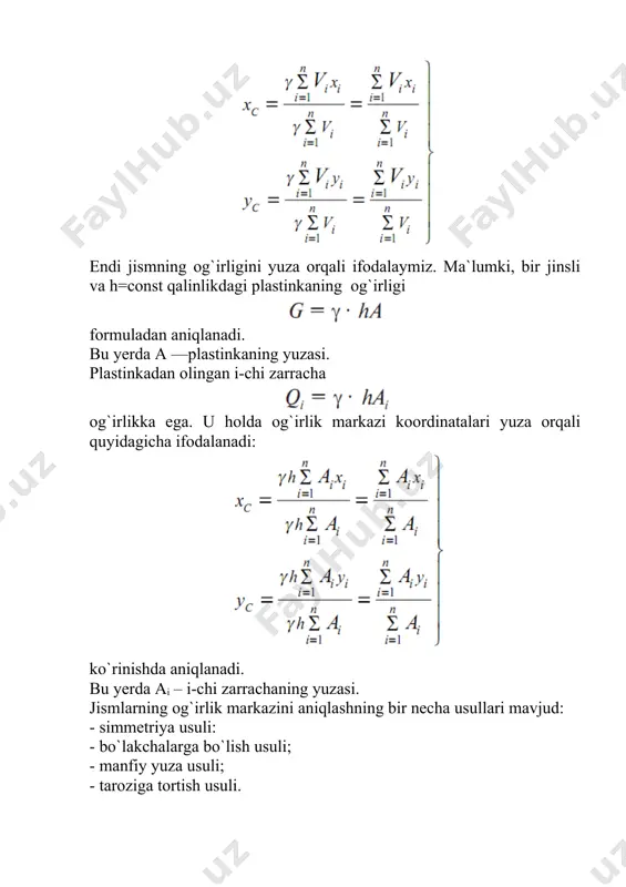 rning inersiya momentlari ixtiyoriy tekis shaklning o`qli yoki ekvatorial inersiya momenti deb miqdor jihatdan quyidagi integralga teng bo`lgan geometrik tavsifnomaga aytiladi: a) x o`qiga nisbatan b) y o`qiga nisbatan tekis shaklning qutb inersiya momenti deb quyidagi integral bilan aniqlanuvchi geometrik tavsifnomaga aytiladi: bunda ρ— elementar da yuzachadan qutb nuqtasi 0 gacha bo`lgan masofa. tekis shakllarning o`qli (ekvatorial) va qutb inersiya momentlari faqat musbat kattaliklardir. tekis shaklning markazidan qochirma inersiya momenti deb quyidagi integralga teng bo`lgan geometrik tavsifnomaga aytiladi: bittasi yoki ikkalasi ham tekis shaklning simmetriya o`qlari hisoblanuvchi o`qlarga nisbatan markazdan qochirma inersiya momentlari nolga teng bo`ladi. bundan tashqari, xy musbat va manfiy qiymatlarga ham ega bo`lishi mumkin. tekis shakllarning inersiya momentlari uzunlik birligining to`rtinchi darajasi (m4) da o`lchanadi. endi o`qli va qutb inersiya momentlari orasidagi bog`lanishni keltirib chiqaramiz. ga teng, u holda (1.42) formula ko`rinishga keladi. demak, tekis shaklning qutb inersiya momenti o`zaro perpendikular bo`lgan va qutb nuqtasidan o`tuvchi o`qlarga …