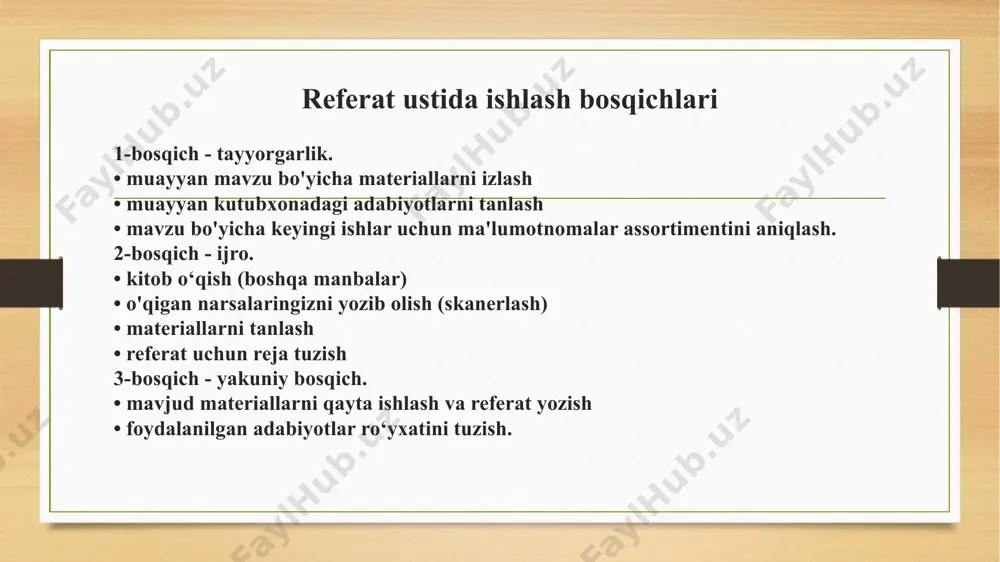 rsalar qayd etiladi. • xulosa hajmi bo'yicha kirish qismidan oshmasligi kerak. ilovalar • ilovalar quyidagilarni o'z ichiga olishi mumkin: 1. hujjatlar nusxalari ("surat nusxasi ..." yoki "qayta chizilgan ..." ko'rsatilgan), 2. grafika, 3. jadvallar, 4. fotosuratlar, 5. sxemalar, 6. diagrammalar. • arizada sarlavha yoki izohli sarlavha bo‘lishi kerak. • har bir ilova yangi varaqdan boshlanadi. qavslar yordamida matnga murojaat qilish uchun raqamlangan, masalan: (5-ilova). • ilovalar berilgan sahifalar matnning umumiy raqamlanishini davom ettiradi, lekin referatning umumiy hajmiga kiritilmaydi. e’tiboringiz uchun raxmat image5.png image6.png image7.jpeg image8.png image9.png image10.png image11.png image12.png image13.jpeg image3.png image4.png /docprops/thumbnail.jpeg