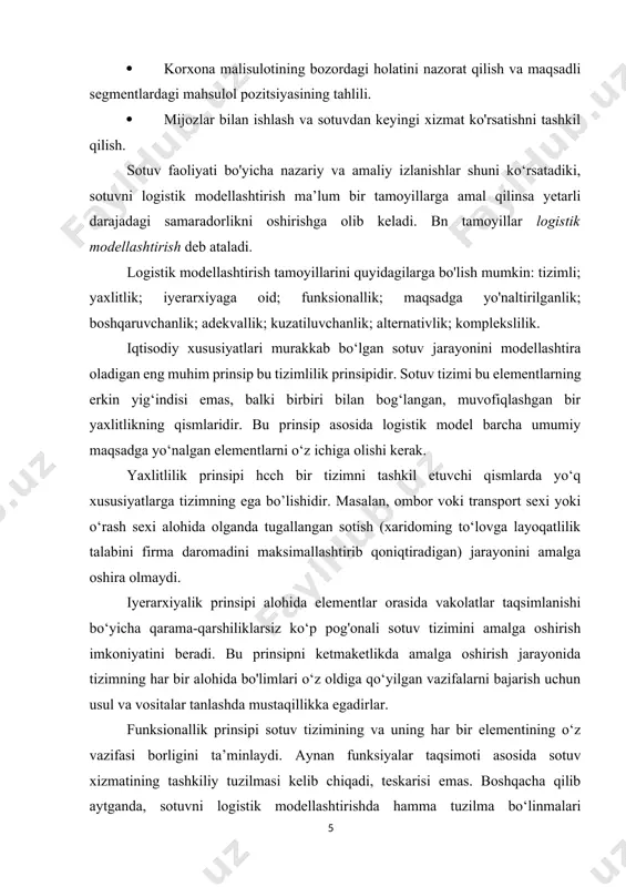 ’ium maqsadlarga bo‘ysunishini nazarda tutadi. agar prinsiplami ahamiyatiga qarab joylashtirsak, bu prinsipni birinchi o'ringa qo'yish kerak bo‘lardi. sotuv maqsadlari hech bo‘lmasa to‘rtta o‘lchamga ega bo'lishi kerak: · iqtisodiy maqsadlar — firma maqsadlari bilan bir xil bo‘lib, foydani aksimallashtirishga yo‘nalgan; · miqdoriy maqsadlar — sotuv hajmlarini osliirish, bozoming ma’ium bir segmentida firma ulushini oshirish, mablag‘ aylanishini tezlashtirish va hokazolar; · sifatiy maqsadlar — xizmat ko‘rsatishning sifati, mijozlar bilan ishonchli qayta aloqa, iste’molchilaming talablarini aniq bilish va ular asosida firmaning maqsadini belgilash; · rivojlanish maqsadlariga tizim ichidagi xizmat maqsadlari deb qaraladi. rivojlanmayotgan sotuv — bu qolib ketishga mahkum bo'lgan sotuv. ustivorlik bo‘yicha sotuv maqsadlarini quyidagilarga bo‘lish mumkin. strategik: · firma imkoniyatlarini bozoming barcha segmentlarida ishlatish; · bozor talablarini va sotuv imkoniyatlarini hisobga oigan holda optimal sotuv; tuzilmasini ta’ininlab, doimo sotuv hajmini oshirib borish; · firmaning moliyaviy barqarorligini oshirish maqsadida tovar va pul aylanish vaqtini qisqartirish; · to‘lovga layoqatlilik talablami toiaroq qondirish uchun …