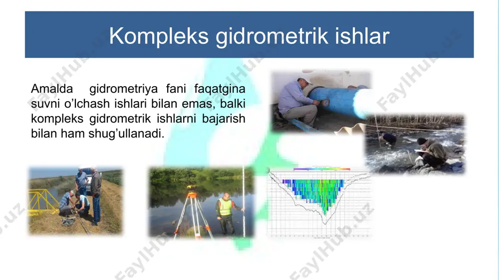3,326 bet. 4.karimov s.k., akbarov a.a., jonqobilov u. gidrologiyia, gidrometriyia va oqim hajmini rostlash.darslik. – t.: o‘qituvchi, 2004.-230 b. 5.akbarov a.a., nazaraliev d.v., xikmatov f.x. «gidrometriya» fanidan o‘quv qo‘llanma,timi,toshkent, 2008y.154 bet. 6.melnikova t.n. praktikum po gidrologii, uchebnik. maykop – 2012 g. 153 b. 7.a.v.savkin, s.v.fedorov. gidrologiya. o‘quv qo‘llanma. – sankt-peterburg.:2010.-102b. https://moodle.tiiame.uz/course/view.php?id=705 gidrologiya va gidrogeologiya kafеdrasi dotsenti nazaraliyev dilshod validjanovich e'tibоringiz uchun rahmat!  + 998 71 237 0971  dnazaraliyev@yandex.com nazaraliyev dilshod 19 image1.emf image2.png image3.png image4.png image5.png image6.jpeg image7.png image8.png image9.png image10.png image11.png image12.png image13.png image14.png image15.png image16.png image17.png image18.png image19.png image20.png image21.png image22.png image23.jpeg image24.jpeg image25.jpeg image26.jpeg image27.jpeg image28.jpeg image29.jpeg image30.png /docprops/thumbnail.jpeg