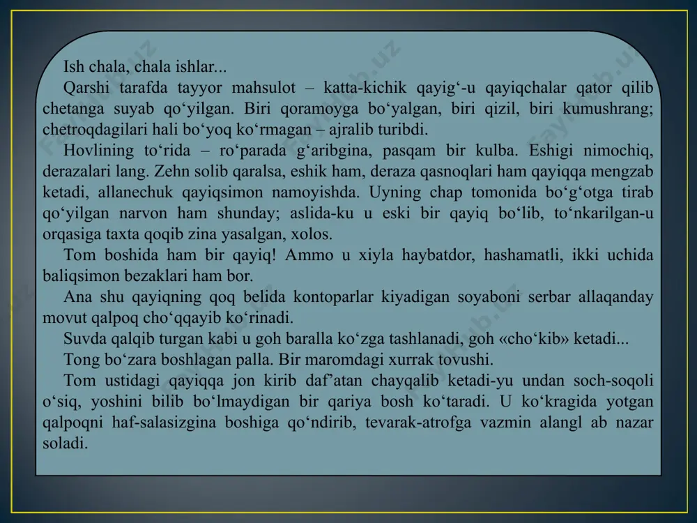 ko‘m-ko‘k mavjlararo otang qayiqda eshkak eshib borayotir, sen uning qo‘ynida... shundan oting «orolbola» bo‘lib ketdi. keyin-keyin – orolboy, endilikda – orol bobo. o‘zingning oting-chi, o‘zingning chin oting nima edi? e, kimning esida bor deysiz! «orol» bo‘lsa kerak-da... ishqilib, yoshingni yashading, oshingni oshading endi, birodar... uff! nechaga kirdim o‘zi? xuddi ming yildan buyon borman-u yana ming yil o‘lmaydigandekman-a! yo‘-o‘q, orolboy, hozirlikni ko‘ravering, bugun bo‘lmasa, ertaga... yoshligingiz ham, umringiz ham orol bilan ketgan, qaytmaydi endi u! uff!.. (qariya engashib, qayiq ichida qarmoqqa ilashib yotgan kattakon baliqni dumidan ko‘taradi, u yon-bu yon aylantirib qaraydi.) yirikkina! xudoyim bu kecha ham siylabdi. qulluq, qulluq! qariya bir qo‘lida qalpog‘i, bir qo‘lida baliqni osiltirib tom qirg‘og‘iga keladi va avaylabgina qayiq-narvondan hovliga tushadi. yonboshdagi o‘choq taraf yurib, baliqni qozonga soladi-da, ustunga ilig‘liq sochig‘ini yelkasiga tashlab uy orqasiga o‘tib ketadi. duradgorlik dastgohining bir chetida tushlik dasturxon: non bo‘laklari, uch-to‘rt dona oqqand, qora qumg‘onda choy. orol boboning shogirdlari – o‘spirin …