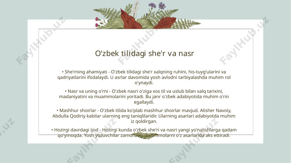. ijtimoiy, madaniy va iqtisodiy jarayonlar tilga joziba keltiradi. • zamonaviy tillar va ularning o'zgarishi - zamonaviy davrda globalizatsiya va texnologik taraqqiyot tillarning o'zgarishiga olib kelmoqda. yangi atamalar va muloqot shakllari paydo bo'lmoqda. o'zbek tilining leksik xususiyatlari • o'zbek tili va leksika - o'zbek tili o'zining boy leksik xazinasiga ega bo'lib, turli madaniyatlar va tillardan so'zlar kabul qilgan. ushbu leksik boylik o'zbekiston tarixiy jarayonlarini aks ettiradi. • so'z hosil bo'lishi - o'zbek tilida so'zlar murakkab va oddiy bo'lishi mumkin. murakkab so'zlar ikkitadan ko'p asosiy so'zlarning birikmasi orqali hosil bo'ladi. madaniyat va til o'rtasidagi bog'lanish • madaniyatning o'ziga xosligi - har bir madaniyat o'ziga xos til va urf-odatlarga ega. til madaniyatni ifodalashda asosiy vosita hisoblanadi. • til va urf-odatlar - til orqali urf-odatlar, an'analar va qadriyatlar avloddan avlodga o'tadi. bu jarayon madaniyatning davomiyligini ta'minlaydi. • madaniyat va identifikatsiya - til insonlarning o'z madaniyatiga bo'lgan munosabatini belgilaydi. bu identifikatsiya va o'zligini anglashda …