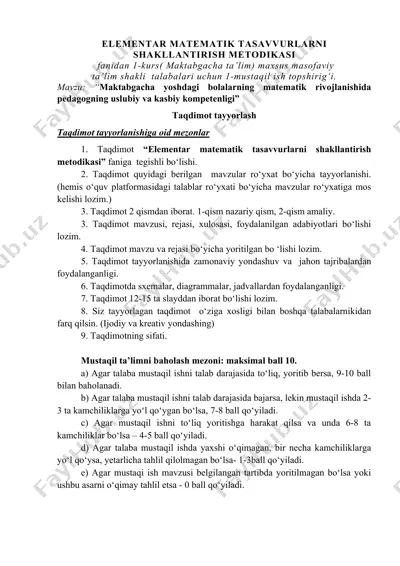 elementar matematik tasavvurlarni shakllantirish metodikasi — DOC