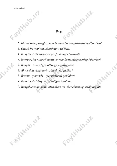 rangning xususiyatlari. akvarelda ishlash texnologiyasi va usullari. — DOC
