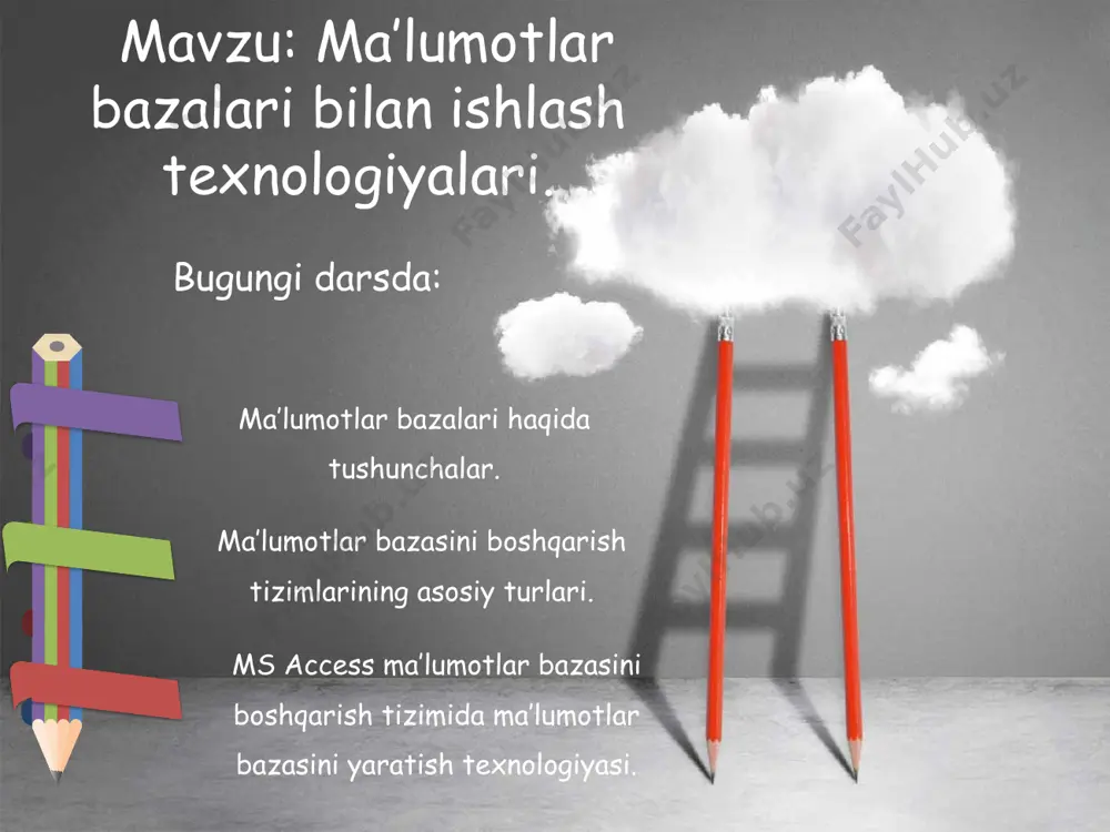 og‘liq. ma’lumotlat bazasini boshqarish tizimlari mbbt ma‘lumotlar bazasini boshqarish tizimi (mbbt) -bu dasturiy va apparat vositalarining murakkab majmuasi bo‘lib, ular yordamida foydalanuvchi ma‘lumotlar bazasini yaratish va shu bazadagi ma‘lumotlar ustida ish yuritishi mumkin. ma’lumotlar bazasidan foydalanish uchun maxsus dasturlar yaratiladi va bunday dasturlar ma’lumotlar bazasini boshqarish tizimi deb ataladi ma’lumotlat bazasini boshqarish tizimlari juda ko‘p turdagi mbbt mavjud. oracle paradox foxpro ms access ma’lumotlat bazasini boshqarish tizimlari ob’ekt va kattalik ob’ekt-mavjud bo’lgan va o’ziga o’xshash narsalardan ajralib turadigan alohida olingan predmet. masalan: maktab, oliy o’quv yurti o’bekt hisoblanadi. shuningdek kimyoviy modda, zavod, inson ham ob’ekt bo’la oladi kattalik-biror bir ob’ektni ifodalovchi va uning muayyanbir nusxasi uchun berilgan sonli yoki matnli qiymatni belgilovchi ko’rsatkich. masalan: maktab, oliy o’quv yurtidagi guruhlarni olaylik. berilgan guruhdagi o’quvchilar soni va hakozolar kattalik hisoblanadi ma’lumotlarni turlari va tuzilishi belgili ma’lumotlar-har qanday belgili ma’lumotlarni qiymati ixtiyoriy uzunlikdagi alifbo-raqamli belgilar majmuidan iborat. masalan: “5”, “vatan”, “10+25”, ….. sonli …