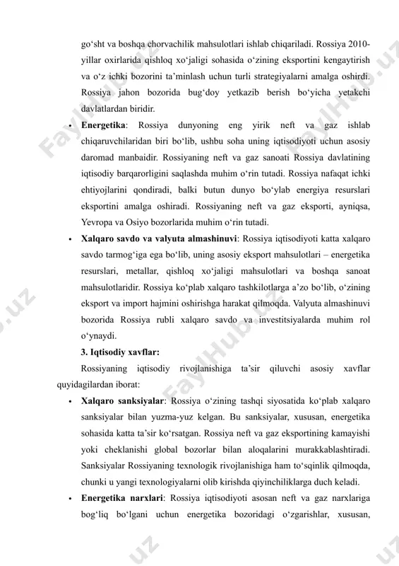 abiiy boyliklari va sanoat imkoniyatlari bilan dunyo iqtisodiyotida muhim o‘rin tutadi, ammo yuqoridagi xavflar mamlakatning uzoq muddatli iqtisodiy barqarorligini ta’minlashda katta to‘siqlar yaratadi. foydalanilgan adabiyotlar: 1. kuznets, s. (1971). economic growth of nations: total output and production structure. harvard university press. 2. kotov, v. (2019). rossiya iqtisodiyoti: holati va rivojlanish istiqbollari. moskva: iqtisodiyotni rivojlantirish markazi. 3. sachs, j. (2015). the price of civilization: reawakening american virtue and prosperity. random house. 4. world bank (2023). russian federation - overview. world bank website. 5. oecd (2022). economic surveys: russian federation. organisation for economic co-operation and development. 6. ferguson, n. (2012). the ascent of money: a financial history of the world. penguin press. 7. schleifer, a., & vishny, r. (2002). the grabbing hand: government pathologies and their cures. harvard university press.