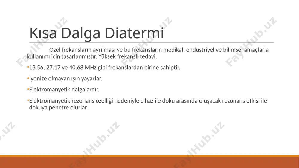 rasındaki mesafe elektrotların deriye olan uzaklıkları toplamından büyük olmalıdır. kondansatör saha tekniği kondansatör elektrotlarla uygulanır. bunlar sıklıkla camdır ve farklı boyutları mevcuttur. uygulamada elektrik kuvvet çizgileri önem taşır. güçlü elektriksel alan, zayıf manyetik alan yayılımı oluşur. daha yüzeysel dokularda ısınma yapar. kablo uygulama tekniği kablonun uçlarında elektriksel saha, ortasında manyetik saha bulunur. elektriksel saha derin, manyetik saha yüzeyel dokuları ısıtır. güçlü manyetik alan, zayıf elektriksel alan. derin dokulara penetre olabilir. yüksek sıvı içeren bölgelere uygulanması uygundur. sarım şeklinde kablo kablolar birbirine paralel olmalı. aynı yönde olmalı birbirine değmememeli daha çok ekstiremitelerde kullanılır. spiral/izgara şeklinde kablo sarımlar birbirine değmemeli karın ve sırt gibi bölgelerde uygulanır. endikasyonları osteoartrit, ayak bileği burkulmaları, subdeltoid kalsifiye bursit, akut boyun yaralanması, kronik boyun ağrısı, yara iyileşmesi, bel ağrısı, pelvik inflamasyon, herpes zoster, yumuşak doku lezyonları ve tempromandibular eklem hastalıklarında ve derin ısı istenen tüm durumlarda endikedir. kontraendikasyonları kanserli dokular, iskemik veya hemorajik alanlar, metal implant üzerine, …