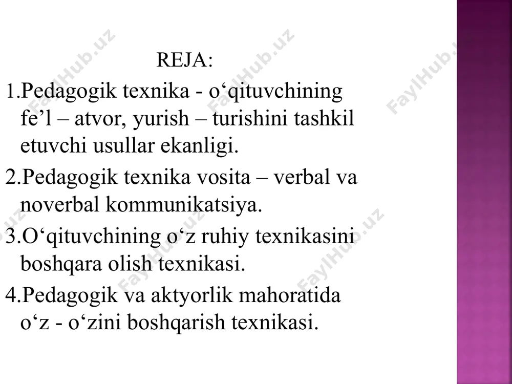 agina emas, balki ularning xis-tuyіulariga ham ta’sir ko‘rsatish, ularga olamga bo‘lgan xissiy-qadriyatli munosabatda bo‘lish tajribasini ancha to‘liq bera bilishga yordamlashadi o‘qituvchining pedagogik texnikasi-bu shunday bir malakalar yig‘indisidirki, u pedagogga tarbiyalanuvchilar ko‘rib va eshitib turgan narsalar orqali ularga o‘z fikrlari va qalbini yetkazish imkonini beradi. bolalar bilan bevosita muomila qilishda pedagogning xuddi ana shu malakalari (yoki ularning yo‘kligi) uning xulq-atvorida namoyon bo‘ladi. pedagogik texnika o‘qituvchi malakalarining yig‘indisidirki, u o‘qituvchining eng yaxshi ijodiy xulq-atvoriga, boshqacha qilib aytganda, har qanday pedagogik vaziyatda tarbiyalanuvchilarga samarali ta’sir ko‘rsatishga yordam beradi. rivojlangan pedagogik texnika o‘qituvchiga o‘quvchilar bilan muomila qilganda zarur so‘z, gap ohangi qarash, imo-ishorani tez va aniq topish, eng o‘tkir va kutilmagan pedagogik vaziyatlarda osoyishtalikni va aniq fikr yuritish, taxlil qilish qobiliyati saqlab qolish imkonini beradi. bundan tashqari, haqiqiy pedagog ta’sir ko‘rsatishda o‘qituvchining pedagogik texnika sohasidagi barcha malakalari bir vaqtda namoyon bo‘ladi. nutq uzluksiz o‘zini tuta bilash ta’sirchan vositalarni tanlashga, muvaffaqiyatli ravishda tuzatish, kirib borish, …