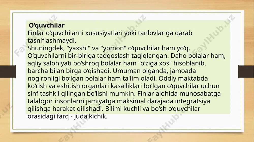 ozaligi maxsus ishchilar tomonidan nazorat qilinadi (ya’ni farroshlar mavjud) maktab tozaligi o’quvchilar tomonidan nazorat qilinadi (finlandiya maktablarida farroshlar yo’q, barcha tozalik ishlari o’quvchilar tomonidan, navbatma navbat bajariladi) dars vaqtlari 5-6 soat (hususiy maktablarda esa 7-8 soat) dars vaqti 4 soat maktab o’qituvchilari malakasi har 3 yilda oshiriladi maktab o’qituvchilari malakasini oshirish har hafta 2 soatni tashkil etadi. maktab oshxonalarida achchiq, shirin, sho’r, non maxsulotlari, ayrim zararli mahsulotlar sotiladi maktab oshxonasida mahsulotlar bepul bo’lib, sut, suv, meva va sabazavotlardan boshqa mahsulotlar yo’q “raqobat” tushunchasi mavjud “raqobat” tushunchasi mavjud emas, fin madaniyatida biri boshqasidan ustun degan tushuncha qadrlanmaydi. tashqi nazorat va bosim mavjudligi tashqi nazorat va bosim mavjud emas. image5.png image6.png image7.jpeg image8.jpeg image9.jpeg image10.png image11.jpeg image12.jpeg image3.png image4.png /docprops/thumbnail.jpeg