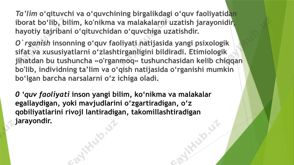 usullar tanlashga yordam beradi. 0 ‘quv faoliyatida o‘quv motivlari o‘quvchilar tomonidan tanlanib, ular o‘quvchining maqsadi, qiziqishi, kelajak rejalari bilan bevosita bog‘liq bo‘ladi. 0 ‘quv faoliyati motivatsiyasining manbalari mavjud bo‘lib, ularga quyidagilar kiradi: 1. ichki manbalar. ular insonning tug‘ma yoki orttirilgan ehtiyojlari bilan belgilanadi. ulardan eng muhimi tug‘ma axborot olishga bo‘lgan ehtiyojdir. orttirilgan ehtiyojlar esa gnostik va ijtimoiy ijobiy ehtiyojlar hisoblanadi. 2. tashqi manbalar. ular shaxsning ijtimoiy hayot shart-sharoitlari bilan belgilanadi. o`quv faoliyati elementlari o`qituvchining nazorati o`quv harakatlari o`qituvchining baholashi o`quv topshiriqlari o`quv motivlari 0 ‘rganishning muvaffaqiyati turli xil omillarga bogliq, ular ichida quyidagi psixologik omillar muhim: o‘quv faoliyati motivatsiyasi, bilish jarayonlari — idrok, diqqat, xayol, xotira, tafakkur va nutqning ixtiyoriyligi, o‘quvchilarda irodaviy va boshqa shaxs xislatlari: mas’uliyat, tirishqoqlik, maqsadga intiluvchanlik, intizomlilik, onglilik, tartiblilik va boshqalarning mavjudligi. 0 ‘quv faoliyati samaradorligining psixologik omillariga hamkorlik faoliyatidagi insonlar — o‘qituvchilar va sinfdoshlari bilan o‘zaro ta’sir qila olish ko‘nikmasi, intellektual rivojlanganlik va boshqalar kiradi. …