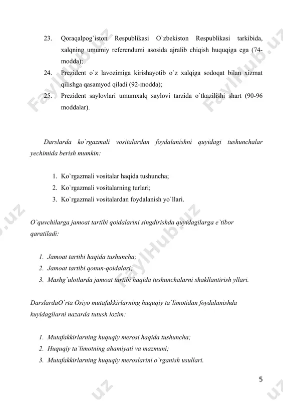 ublikasi konstitutsiyalari. 4. 1921-23 yillardagi buxoro xalq respublikasi konstitutsiyalari. 5. 1927-1937-1978 yillardagi o`zbekiston ssr konstitutsiyalari. 6. www.ziyonet.uz 2 1