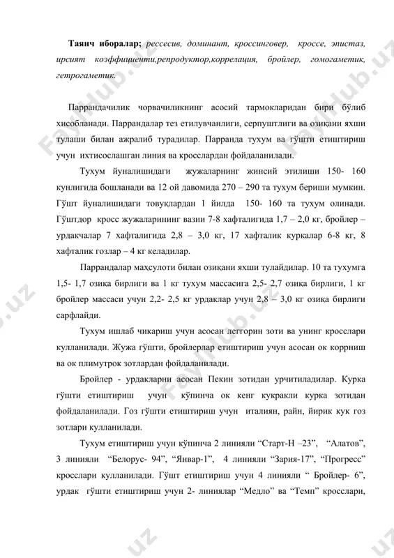 ишидаги товуқларнинг асосий селекция белгиларига тухумдорлиги, тухум огирлиги, тухум массаси чиқими, тирик вазни, жинсий етилиш, озиқани маҳсулот билан тулаши, тухум сифати, тухум очириш кобилияти, жужаларнинг ва товуқларнинг сакланиши киради. хамма товуқлар шу белгилари буйича танлданиши зарур. гўштдор товуқларнинг асосий селекция белгиларига 6-7 хафталикдаги жужалар вазни, оналарнинг тухум маҳсулдорлиги, жужалар ва товуқларнинг сакланиши, инкубацион тухумларнинг чиқиши, жужа очиш кобилияти, озиқани тулаши, гўшти, гўшт сифати киради. урдаклар, куркалар ва гозларда хам асосан шу белгилар хисобга олинади. товуқлар кариотипида 78 та хромосома мавжуд. куркаларда 82 та, гозларда 80 та, урдакларда 80 та, цисаркаларда 74 та, бедоналарда 78 та хромосома мавжуд. эркак жинс гомогаметик жинс хисобланиб унинг хромосомалари zz билан ургочи жинс гетерогаметик жинс бўлиб унинг хромосомалари zw билан белгиланади. кросинговер ёрдамида товуқларда генларнинг 10 та богланган гурухлари аникланган. паррандалар селекциясида z хромосома жойлашган, 4- гурух генлар бирикиши мухум ахамиятга эга ёки жужаларда жинсни 1 суткалигида патнинг рангига караб ажратишга ёрдам беради. масалан: рессесив …
