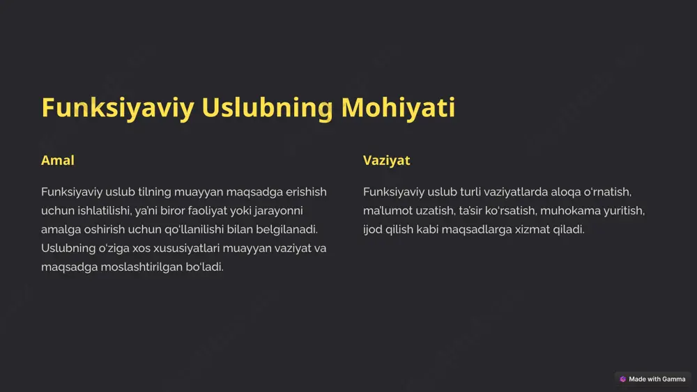 ta’sir ko‘rsatish o‘quvchini qandaydir bir harakatga undash. 3 muhokama yuritish turli fikrlarni muhokama qilish. 6 rasmiy-ish uslub rasmiylik tilning aniq va rasmiy shakllari qo‘llaniladi. qoida va qonunlarga amal qilish hujjatlar ta’limotlarga asoslanadi. qisqa va aniqlik tilning ortiqcha so‘zlardan xoli bo‘lgan shakllari qo‘llaniladi. 7 funksiyaviy uslublarning xususiyatlari 1 tilning xususiyatlari lexicon, grammatik shakllar, sintaksis, intonatsiya, so‘zlarning ma’nolarini ifodalash usullari. 2 uslubning xususiyatlari maqsad, vaziyat, auditoriya. 3 turli uslublarning o‘ziga xos xususiyatlari badiiylik, ilmiylik, publitsistiklik, rasmiylik. 8 xulosa tilning turli faoliyatlarda ishlatilishi unga funksional xususiyatlar beradi. funksiyaviy uslublar tilning muayyan maqsadga erishish uchun qanday qo‘llanilishi haqida ma’lumot beradi. har bir uslub o‘ziga xos xususiyatlarga ega bo‘lib, tilning turli tomirlarini ochib beradi. 9 foydalanilgan adabiyot zoir tohirov. o‘zbek tilining amaliy uslubiyati. – toshkent: “tafakkur avlodi”, 2021. rahmat! image1.png image2.png image3.png image4.png image5.png image6.png image7.png image8.png image9.png image10.png image11.png image12.png image13.png image14.png image15.png image16.png
