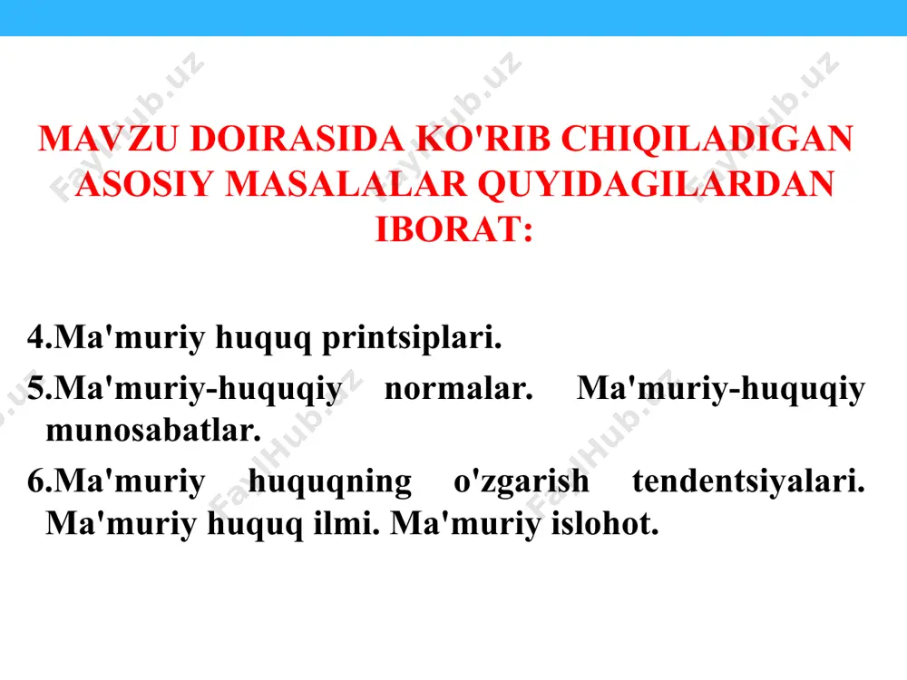 'muriy huquqning asosiy printsipi sifatida rule of law (common law) vs. rechtsstaat (german law) huquqiy davlat - rechtsstaat qonun – huquqiy qoidani o'rnatish vakolatiga ega (demokratik legitimlik) qonun ustuvorligi – qonun boshqa hujjatlarga nisbatan ustuvor va qonun hujjatlari qonunga zid bo'lishi mumkin emas inson huquq-erkinliklari, mulkiga daxl qiluvchi (cheklovchi) barcha ma'muriy faoliyat qonunga asoslanishi lozim nazariy yondashuvlar ma'muriy-huquqiy normalar. ma'muriy-huquqiy munosabatlar. ma'muriy-huquqiy munosabat davlat boshqaruvi organi (ma'muriy organ) xususiy shaxs (jismoniy va yuridik shaxs) huquq normasi mavjudligi huquq va majburiyatning mutanosib mavjudligi ma'muriy-huquqiy munosabat bir tomonlamalik qonunga muvofiq amalga oshirilishi va xatti-harakatda erkin tanlovning mavjud emasligi hokimiyat vakolati/ommaviy boshqaruv(ma'murchilik) ma'muriy-huquqiy normalar ma'muriy huquq normalarini o'z ichiga olgan normativ-huquqiy hujjatlar. misol uchun: o'zbekiston respublikasi konstitutsiyasi, qonunlar, o'zbekiston respublikasi prezidenti farmon va qarorlari, vazirlar mahkamasi qarorlari, turli idoraviy normativ hujjatlar va boshqalar. case-study arizachi “t” xususiy korxonasi sudga shikoyat ariza bilan murojaat qilib, qo'qon shahar hokimining 02.03.2015 yildagi 101-sonli qarorini haqiqiy emas …