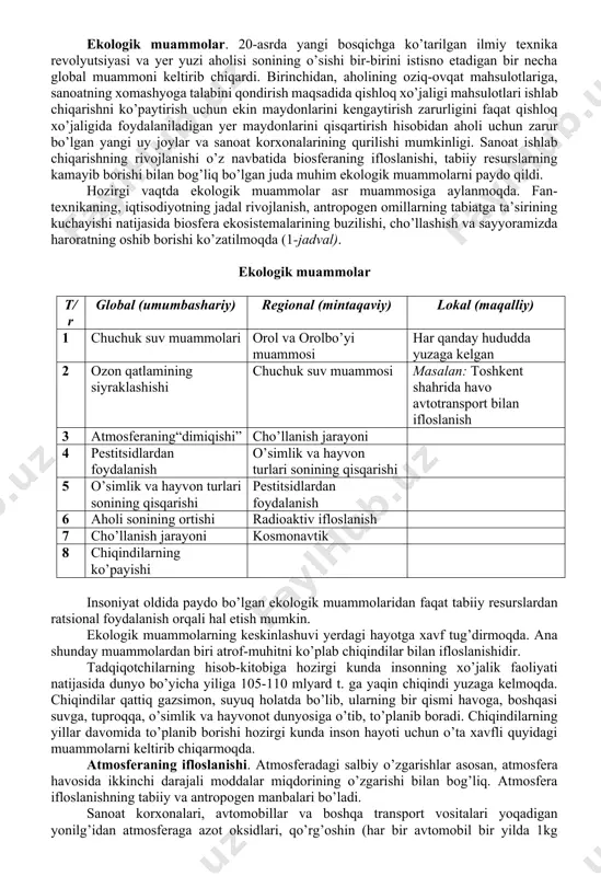 ikkilamchi sho‘rlanishda suv kapillyarlar orqali ko‘tarilib tuzi tuproqda qoladi yoki ortiqcha sug‘orish natijasida yer osti suvlari yerigan tuzlar bilan sho‘rlanadi. ikkilamchi sho‘rlanish ko‘proq zarar etkazadi. tuproqlarning sho‘rlanishi osiyo, amyerika va afrikaning ko‘pchilik mamlakatlarida ko’zatiladi. sho‘rlanishning oldini olish uchun zovurlar o‘tqaziladi, yerlarning sho‘ri yuviladi. tuproqlarning botqoqlanishi asosan namlik ko‘p joylarda ko’zatiladi. suv omborlari atrofida ham botqoqlangan uchastkalar vujudga keladi. botqoqlarni quritish uchun maxsus melioratsiya tadbirlari o‘tqaziladi. tuproqlarni ifloslanishdan saqlash muhim ahamiyatga ega. qishloq xo‘jaligini kimyolashtirish tuproqlarning turli kimyoviy birikmalar bilan ifloslanishini kuchaytirib yuboradi. mineral o‘g‘itlar to‘g‘ri tanlanmasa va me’yorida ishlatilmasa tuproqning holati o‘zgaradi, unumdorlik xususiyati buziladi. ayniqsa, zararkunandalarga qarshi, begona o‘tlarga va o‘simlik kasalliklariga chora sifatida keng foydlaniladigan pestitsidlar, gerbitsidlar, insektitsidlar, defoliantlarni me’yoridan ortiq ishlatish tuproqga juda salbiy ta’sir ko‘rsatadi. pestitsidlar tuproqdagi foydali mikroorganizmlarni nobud qiladi va chirindining kamayishiga olib keladi. masalan, ddt pestitsidi ishlatilganidan 20 yil keyin ham tuproq tarkibida uning hali mavjudligi aniqlangan. pestitsidlar oziq zanjiri orqali o‘tib, inson …