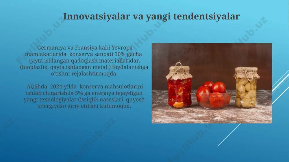 himdir. konservalangan meva va sabzavotlarning saqlash muddati, masalan, 1-2 yilgacha, yangi mahsulotlarga nisbatan ancha uzoq boʻlib, bu oziq-ovqat xavfsizligi va iqtisodiy samaradorlikni ta'minlaydi, ayniqsa, oʻzbekiston kabi qishloq xoʻjaligi rivojlangan mamlakatlarda. konservalangan mahsulotlarning saqlash shartlari konservalangan meva va sabzavotlarni 0-18°c haroratda, quruq va yaxshi shamollatiladigan omborlarda, 75% dan yuqori bo'lmagan namlikda saqlash tavsiya etiladi. bunday sharoitlar samarqanddagi omborlarda ham ta'minlanishi mumkin. shikastlangan yoki shishgan konservalarni darhol yo'q qilish kerak. bu bakteriyalar o'sishining oldini olish va oziq-ovqat zaharlanishining oldini olish uchun juda muhimdir, ayniqsa, 30°c dan yuqori haroratlarda. konservalash uchun meva va sabzavotlarning xom ashyolari konservalash uchun ishlatiladigan pomidor navlari orasida 50 dan ortiq turdagi, yuqori quruq moddaga ega bo'lgan, o'zbekistonning samarqand va toshkent viloyatlarida yetishtiriladigan navlar ustunlik qiladi. meva va sabzavotlarni konservalashda 100 tonnagacha ishlov berish quvvatiga ega zamonaviy uskunalar, masalan, avtomatlashtirilgan tozalash liniyalari, qayta ishlash zavodlari qashqadaryo viloyatida ham mavjud. e'tiboringiz uchun rahmat @taqdimot_robot image1.jpg image2.jpg image3.jpg image4.jpg image5.jpg image6.jpg …