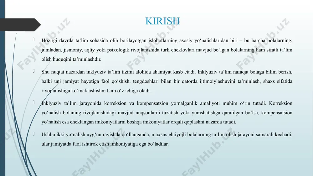 olaning mavjud nuqsonini tuzatish yoki yumshatish (masalan, nutq nuqsonlari, eshitish, ko‘rish yoki harakatlanishdagi muammolarni logopedik, defektologik, psixologik mashg‘ulotlar orqali tuzatish). kompensatsion yo‘nalish – bolaning cheklangan funksiyalarini boshqa imkoniyatlar orqali qoplash. masalan, eshitishda muammosi bo‘lgan bolaga imo-ishora tili yoki subtitrlar, ko‘rishda qiyinchiliklari bo‘lgan bolaga brayl yozuvi yoki audio materiallar berish. psixologik-pedagogik yordam – individual ta’lim dasturlari, differensial yondashuv, moslashtirilgan metodikalar orqali bolaning o‘ziga ishonchini mustahkamlash va ijtimoiylashuviga ko‘maklashish. texnik vositalar va zamonaviy texnologiyalar – maxsus dasturlar, moslashtirilgan jihozlar, o‘quv jarayoniga kiritiladigan innovatsion texnikalar (masalan, interaktiv qurilmalar, nutq sintezatorlari). ijtimoiy-madaniy integratsiya – jamoada o‘zini erkin his qilish, jamiyat hayotida faol qatnashish ko‘nikmalarini shakllantirish. texnologiyalar va innovatsion vositalar bugungi kunda inklyuziv ta’limda zamonaviy texnologiyalar keng qo‘llanilmoqda nutq sintezatorlari, interaktiv doskalar. maxsus kompyuter dasturlari. moslashtirilgan o‘quv materiallari. bular bolalarning bilim olish jarayonida imkoniyatlarini kengaytiradi. ijtimoiy moslashuv va integratsiya korreksion-kompensatsion yondashuv nafaqat bilim berish, balki bolani jamiyatga to‘laqonli qo‘shish uchun ham muhimdir. bolalarning o‘zaro do‘stlashishi. …