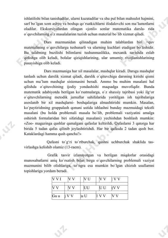 tirishning o`zginasidir. o`qitishni turmush bilan bog‘lashning qimmatli formasi darslarda o`lkashunoslik materiallaridan foydalanishdir. tajriba darslarda o`lkashunoslik materiallaridan foydalanish dars mazmunini bolalarga yaqinroq va qiziqarliroq qilishini, bilimlarni o`zlashtirish ongli, bolalarning kuchlari yetadigan va puxta bo`lishini ta’minlashini ko`rsatmoqda. matematika o`lkashunoslik materiallaridan foydalanishning katta imkoniyatlariga ega. masalan, mahalliy material asosida respublikamiz va butun mamlakatimiz xalqining turmushi va hayotini aks ettiruvchi masalalar tuzishga rayon, oblast, respublika va butun ittifoq gazetalari boy material beradi. buning ustiga bu gazeta raqamlari o`quvchilarni respublikamiz va butun mamlakatimizda erishilgan yutuqlarga faxr bilan qarashga undaydi va majbur qiladi. ko`pchilik ilg‘or o`qituvchilar rayon sovetlari va shahar sovetlari hisobotlarida. berilgan materiallardan, har xil statistik spravochnik va to`plamlardan ustalik va muvaffaqiyat bilan foydalanmoqdalar. mahalliy material asosida masalalar tuzish ekskursiyalar materiallari asosida ham amalga oshirilishi mumkin. eks- kursiyalarning maqsadlari — bolalarni hayotda tanishtirish yo`li bilan konkret materiallar to`plash va bu materiallardan o`qitishda foydalanishdir. o`quvchilar bilan birgalikda har xil ustaxonalarga, fabrika, kombinat, fermalarga, kolxoz va sovxozlarning …