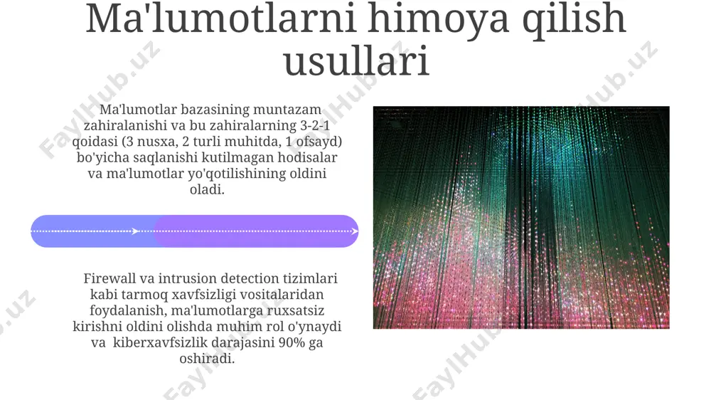 lash imkoniyatini beradi. ma'lumotlarning raqamlashuvi nima? ma'lumotlarning raqamlashuvi – bu analog ma'lumotlarni (masalan, qog'oz hujjatlar, fotosuratlar) raqamli formatga (0 va 1 lar ketma-ketligi) o'tkazish jarayoni bo'lib, bu kompyuterlar tomonidan qayta ishlash va saqlash imkonini beradi, bu esa samaradorlikni 10 baravarga oshiradi. raqamlashuv jarayonida turli xil kodlash usullari, masalan, ascii yoki unicode, qo'llaniladi va 256 dan ortiq belgilarni ifodalash mumkin, bu esa matnlarni, grafikalarni va boshqa turdagi ma'lumotlarni raqamlashtirishga imkon beradi. raqamli ma'lumotlarni saqlash ma'lumotlarning xavfsizligini ta'minlash uchun, 256-bit aes kriptografiyasi kabi kuchli shifrlash algoritmlarini qo'llash va kamida uch qatlamli himoya tizimini o'rnatish juda muhimdir. raqamli ma'lumotlarni saqlashda bulutli texnologiyalar 90% dan ortiq ma'lumotlarni samarali saqlash imkonini beradi, bu esa xarajatlarni sezilarli darajada kamaytirishga yordam beradi va ma'lumotlarga kirishni tezlashtiradi. kelajakdagi istiqbollar sun'iy intellekt va mashinani o'rganish algoritmlari yordamida 2030 yilga kelib, ma'lumotlar tahlili natijalarining aniqligi 95% dan oshishi va biznes qarorlarini qabul qilishni sezilarli darajada yaxshilaydi. blokcheyn texnologiyasi ma'lumotlar xavfsizligi …