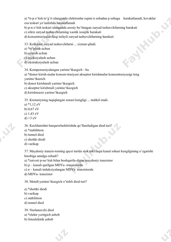 ish bilan boshqarila-digan maydoniy tranzistor b) p – kanali qurilgan mdya- tranzistorda c) n – kanali induksiyalangan mdya tranzistorda d) mdya- tranzistor 38. metall-yarimo9tkazgich o9tishli diod turi? a) *shottki diodi b) varikap c) stabilitron d) tunnel diod 39. nurlanuvchi diod a) *elektr yoritgich asbob b) fotoelektrik asbob c) termoelektrik asbob d) elektr o9zgartiruvchi asbob 40. nurlanuvchi diod nurining to9lqin uzunligi ...... bog9liq a) *diod tayyorlangan materialga b) diodga berilgan teskari kuchlanish qiymatiga c) diodga berilgan to9g9ri kuchlanish qiymatiga d) diodning geometrik o9lchamlariga 41. nurlanuvchi diod... ishlatiladi. a) *elektr signallarni optik signallarga aylantirish uchun b) issiqlik signallarni elektr signallarga aylantirish uchun c) elektr signallarni elektr signallarga aylantirish uchun d) optik signallarni elektr signallarga aylantirish uchun 42. rezistor volt-amper xarakteristikasini belgilang. a) * b) c) d) 43. rekombinasiya –bu&&... a) *erkin zaryad tashuv-chilarning yo9qolish hodisasi b) kosentrasiyalar farqi tufayli zaryad tashuvchilar-ning harakati c) elektr maydon ta9sirida zaryad tashuvchilar-ning harakati d) erkin zaryad …