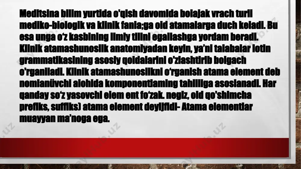k tanglay kanallari, tos suyagiga tegishli nerv tugunlari, tana sohalari, qattiq miya pardasining sinuslari, tog‘ay o‘ymalari, orqa miyaning oldingi o'rta venalari, og‘iz lablari, hiqildoq (qorin, ko‘krak) muskullari, yurak o‘ng bo'lmachasi, bo‘sh venalarining sinusi, aorta klapanlarining yetishmovchiligi, orqaning eng keng muskuli, kalla suyagi nervlarining chigali, jigar boylamlari, umumiy uyqu chigali, ensa shoxining piyozchasi, bel nervlari, umumiy o‘t yo‘li sfinkteri, qizil suyak iligi, taloqning visseral yuzasi, qo'shimcha umurtqa venasi, pariyetal qorin parda, qo‘l bosh barmog'ining yaqinlashtiruvchi muskuli, orqa dumg'aza teshiklari, tizza boylamlari, qo‘l barmoqlarining fibroz qini, segmentar bronxlar shoxlari, o‘t pufagining tanasi, siydik chiqarish kanalining tashqi teshigi, siydik pufagining muskul qavati, yuqorigi oldingi yonbosh ichak qirrasi, qovurg'a boshchasining bo‘g‘imi, oyoq falangalari, o‘ng o‘pka venalari, terini tutib turuvchi muskullar, nog'ora pardaning orqa botiqligi, buyrak usti bezining yuqori cheti. foydalanilgan adabiyotlar. 1.lotin tili va tibbiy terminalogiya 2.google 3.arxiv.uz etiboringiz uchun raxmat.. image3.jpeg