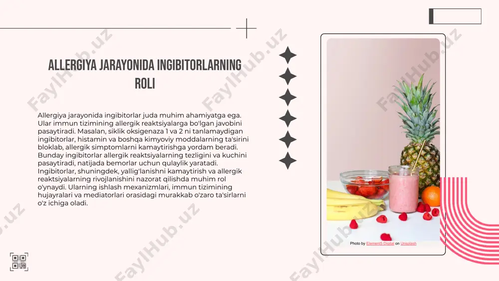 iq klinik tadqiqotlar allergiya jarayonlariga ta'sirini o'rganishda muhim ahamiyatga ega. misol uchun, 2020-yilda o'tkazilgan bir tadqiqotda, 100 nafar allergiya bemorlari ishtirok etdi va natijalar shuni ko'rsatdiki, ingibitorlar foydalanilganda bemorlarning simptomlari 30% ga kamaygan. boshqa bir tadqiqot, 150 nafar ishtirokchi bilan, ingibitorlarning maxsus allergenlarga qarshi immun javobini o'zgartirishini aniqladi. bu tadqiqotlar ingibitorlarning allergiyaga qarshi kurashdagi samaradorligini ko'rsatadi va kelajakdagi klinik amaliyotlarga ta'sir ko'rsatishi mumkin. xulosa va kelajak istiqbollari ingibitorlarning allergiya jarayonidagi roli juda muhimdir. ular allergik reaktsiyalarni yengillashtirish va immun tizimini boshqarishda samarali vosita hisoblanadi. kelajakda allergiya muammolarini hal etish uchun yangi yondashuvlar, masalan, maqsadli dori-darmonlar, biologik terapiya va gen terapiyasi kabi innovatsiyalar kutilmoqda. bunday yondashuvlar allergik kasalliklarni davolashda samaradorlikni oshirishga va bemorlar hayotini yaxshilashga yordam beradi. shuningdek, ushbu yangi usullar orqali immun tizimini yanada aniq boshqarish imkoniyati paydo bo'ladi. photo by dollar gill on unsplash asosiy adabiyotlar tahlili adabiyotlar ro'yxati 1. "allergiya va ingibitorlar" - ushbu kitob allergiya jarayonlari va …