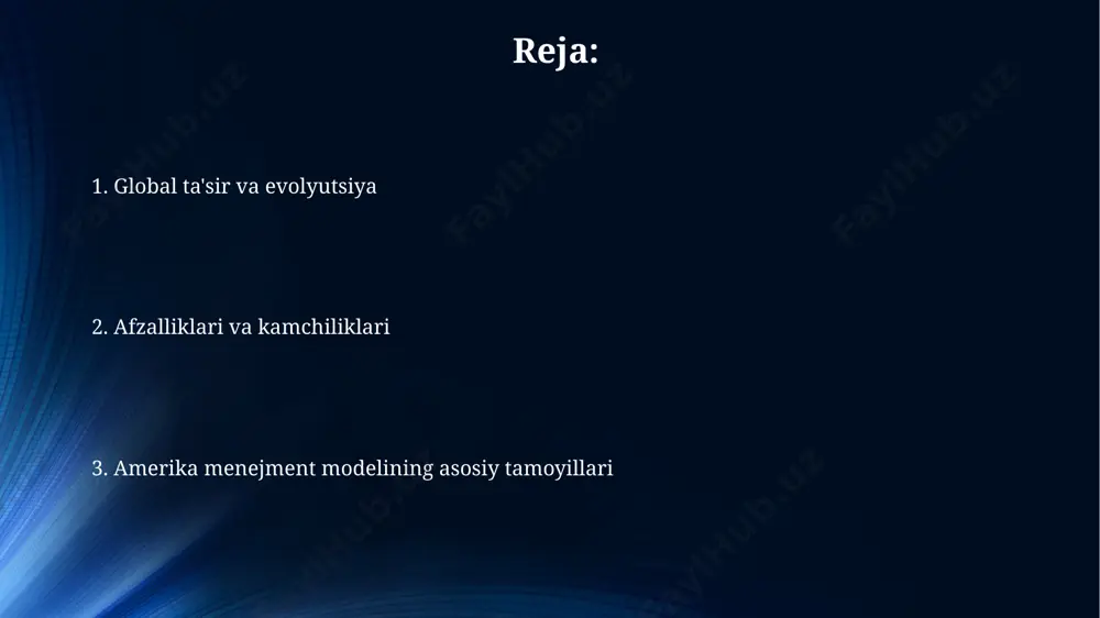 zifalarni aniq belgilash muhim hisoblanadi. strategik rejalashtirish amerikada 3-5 yillik davrni qamrab oladi, bunda bozordagi o'zgarishlar va raqobatbardoshlik muhim ahamiyatga ega. qarorlar ko'pincha ma'lumotlarga asoslangan 80/20 tahlili bilan qabul qilinadi. liderlik va boshqaruv liderlik va boshqaruv amerika menejmenti yondashuvi samaradorlikni oshirish uchun "six sigma" kabi texnikalardan foydalanishni o'z ichiga oladi, bu esa xatolarni kamaytirish va jarayonlarni 99,99966% aniqlik bilan bajarishga qaratilgan. innovatsiyalar va texnologiyalar aqshda texnologik transfer xususiy sektor orqali amalga oshiriladi, bu jarayon 2018 yilda 130 milliard aqsh dollaridan ortiq daromad keltirgan. aqsh innovatsion ekotizimi global tadqiqot va ishlanmalarning 30% dan ortig'ini tashkil etadi, bu esa yuqori texnologiyali sohalarda yetakchilikni ta'minlaydi. tarixiy ildizlar va evolyutsiya 19-asrda aqshda sanoatning rivojlanishi va temir yo'l kompaniyalari kabi yirik tashkilotlarning paydo bo'lishi zamonaviy boshqaruv uslublariga asos soldi. bu davr "ilmiy boshqaruv" nazariyasining shakllanishiga turtki bo'ldi. tarixiy ildizlar va evolyutsiya amerika boshqaruv modeliga kirish shaxsiy javobgarlik va natijadorlikka e'tibor qaratish "american management model"ining ajralmas …