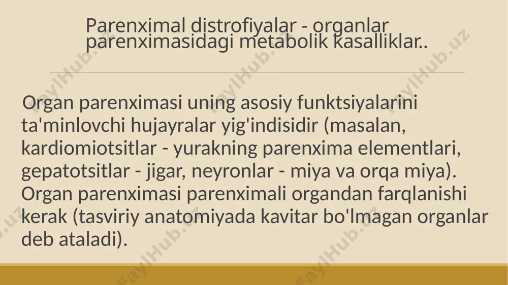 ʼlgan ballonlarga aylanib qoladi, xujayra ulьtrastrukturalari yemirilib ketadi (ballon distrofiya) yoki xujayra katta vakuolga aylanib, ichida pufaksimon yadro xosil boʼladi gidrotopik distrofiya membranalar oʼtkazuvchanligining buzilishi diffuziya va osmos mexanizmlarining buzilishi xujayra nasoslari faoliyatining buzilishi xujayra tashkarisidagi boʼshlikdan xujayraga suyuklik oʼtishi buyrak kanalchalari epiteliysini gidropik distrofiyasi shoxli yoki muguz distrofiya shoxli (muguz) langan distrofiyasi yoki patologik shoxlanishda muguzlanadigan epitelida shox moddasining ortikcha xosil boʼlishi (giperkeratoz, ixtioz) koʼriladi yoki normada shoxlanish xodisasi uchramaydigan joylarda shox moddasi xosil boʼladi. shoxli distrofiyasining sabablari xilma-xil: terining notoʼgʼri rivojlanishi, xronik yalligʼlanish, virus infektsiyasi, avitaminoz. organizm va hujayra darajasida muguz distrofiya hujаyrа (pаrenximаtoz) lipidozlаr bu – sitoplazmatik yogʼlar almashinuvi buzilishidan hujayrada yogʼ tomchilari paydo boʼlishidir. koʼpincha jigarda, buyraklarda va miokardda rivojlanadi. sabablari: qandli diabet, surunkali alkogolizm, och qolish, semirish, zaxarlanish (ssl, fosfor), anemiya, surunkali kasalliklar. patogenezi: yogʼ kislotalarining va triglitseridlarni koʼp soʼrilishi, gipoksiya, lipidlar utilizatsiyasining sekinlashishi. natijada: -erkin yogʼ kislotalarining ortiqcha safarbar boʼlishi -triglitseridlar oʼzlashtirilishining susayishi -yogʼlar …