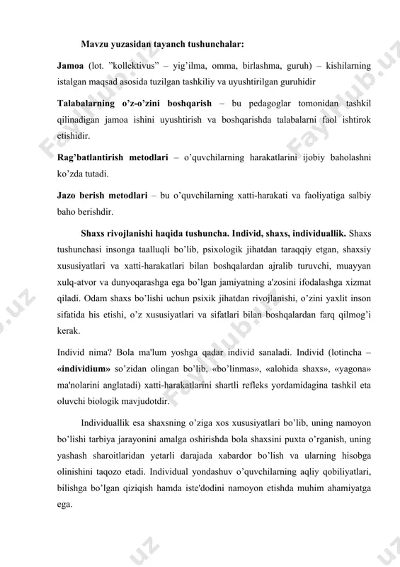 liyatlari, bilishga bo’lgan qiziqish hamda iste'dodini namoyon etishda muhim ahamiyatga ega. bola harakatlari ongli, ijtimoiy munosabatlar jarayonidagi ishtiroki natijasida shakllana boradi. kadrlar tayyorlash milliy modelida shaxs kadrlar tayyorlash tizimining bosh sub'yekti va ob'yekti, ta'lim sohasidagi xizmatlarining iste'molchisi va ularni amalga oshiruvchi sifatida ta'riflanadi. kadrlar tayyorlash sohasidagi davlat siyosati insonni intellektual va ma'naviy-axloqiy jihatdan tarbiyalash, uning har tomonlama rivojlangan shaxs sifatida namoyon bo’lishiga erishishni nazarda tutadi. mazkur ijtimoiy talabning amalga oshirilishi har bir fuqaroning bilim olish, ijodiy qobiliyatini namoyon etish, intellektual jihatdan rivojlanishi hamda muayyan kasb yo’nalishi bo’yicha mehnat qilish huquqni kafolatlaydi. odamning ijtimoiy mavjudot sifatida shaxsga aylanishi uchun ijtimoiy muhit sharoitlari va tarbiya kerak bo’ladi. ana shular ta'sirida odam inson sifatida rivojlanib boradi va shaxsga aylanadi. rivojlanishning o’zi nima? rivojlanish shaxsning fiziologik va intellektual o’sishida namoyon bo’ladigan miqdor va sifat o’zgarishlar mohiyatini ifoda etuvchi murakkab jarayondir. rivojlanish mohiyatan oddiydan murakkabga, quyidan yuqoriga, eski sifatlardan yangi holatlarga o’tish, yangilanish, yangining paydo …