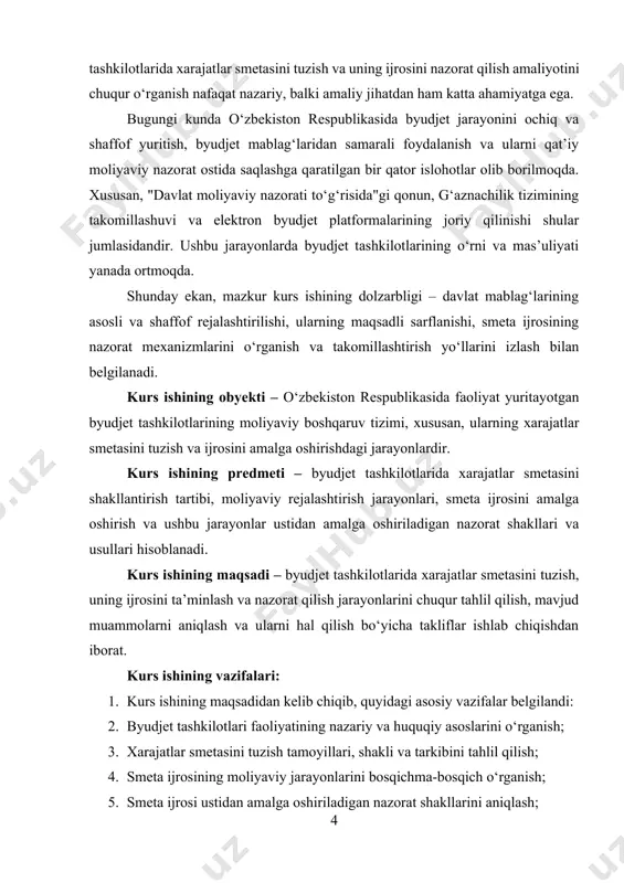 a muhim xizmatlar ko‘rsatish kabi ustuvor vazifalarni bajaradi. ular tijorat maqsadida faoliyat yuritmaydi, ya’ni ularning asosiy vazifasi daromad olish emas, balki jamiyat ehtiyojlarini qondirishdir. shuning uchun ularning iqtisodiy faoliyati ijtimoiy yo‘naltirilgan bo‘ladi va davlat tomonidan moliyaviy jihatdan qo‘llab-quvvatlanadi. byudjet tashkilotlarining asosiy vazifalari quyidagilardan iborat: birinchidan, aholiga ijtimoiy xizmatlar ko‘rsatish, ikkinchidan, davlat siyosatini mahalliy darajada amalga oshirish, uchinchidan, aholining asosiy ehtiyojlariga javob beradigan faoliyat yo‘nalishlarini moliyaviy jihatdan ta’minlash. misol tariqasida, maktablar, shifoxonalar, bolalar bog‘chalari, madaniyat uylari, kutubxonalar, sport muassasalari kabi ko‘plab tashkilotlarni keltirish mumkin. bu tashkilotlarning barchasi davlat yoki mahalliy byudjet hisobidan moliyalashtiriladi va ular o‘z faoliyatlari orqali jamiyatga ijtimoiy xizmatlar ko‘rsatadi[footnoteref:1]. [1: abdurahmonov q.x. davlat moliyasi. – toshkent: iqtisodiyot, 2019. – 272 b.] iqtisodiy nuqtai nazardan, byudjet tashkilotlari iqtisodiy resurslarning muayyan sohalarga taqsimlanishini ta’minlaydi. ular orqali davlat o‘zining taqsimlovchi funksiyasini amalga oshiradi. masalan, ta’lim va sog‘liqni saqlash tizimlariga ajratilgan mablag‘lar orqali malakali kadrlar tayyorlanadi, aholi salomatligi ta’minlanadi, buning natijasida esa …
