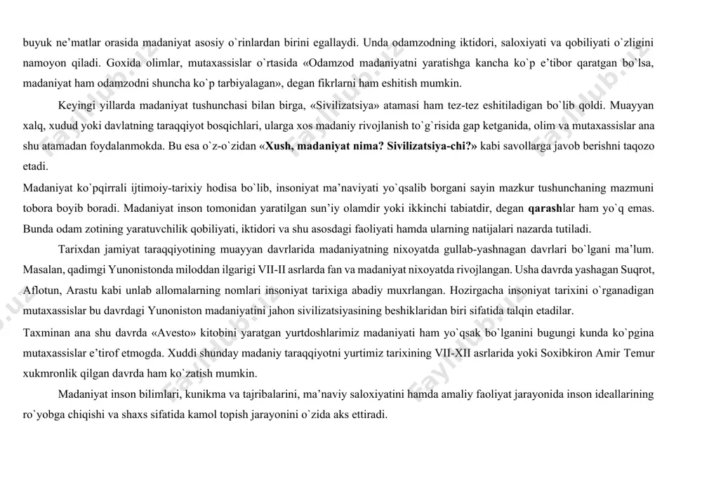 etish imkoniga tula-tukis ega bo`lishi mumkin. · millatning tili. mutaxassislarning xisob-kitoblariga qaraganda, dunyoda 2000 dan ortikrok tillar mavjud. kichik laxjalarni qo`shib xisoblansa, bu ko`rsatkich yanada ortadi. тil millatning ruxi, unga mansub kishilarning bir-biriga va dunyoga aytadigan so`zi; millatning utmishi va merosini ifoda qilish, maqsad va istaqlarini bayon etish uslubidir. хatto millat ishlatayotgan so`zlarni tahlil qilib ham, shu millatning tarixiy takdiri va uning o`ziga xos xususiyatlari to`g`risida xulosa chigarish mumkin. · millatga mansub kishilarning ma’naviyati, axloqi va nafosati. jahon millatni ana shu jixatlar orqali taniydi, baholaydi. kishilar o`zaro munosabatga kirishayotganida ham millatning mentaliteti, axloqiy va ma’naviy xususiyatlarini xisobga oladi. biror kishi bilan munosabatga kirishilayotganida ana shu xususiyatlar xisobga olingani kabi, xalqaro munosabatlarning ham ma’naviyat bilan bog`liq yozilmagan qonunlari, aytilmaydigan qoidalari bor. goxida madaniyat deyilganida, aynan ana shunday aytilmaydigan va yozilmaydigan qonuniyatlar nazarda tutiladi. · urf-odatlar, an’analar. o`z urf-odat va an’analarga ega bo`lmagan millat yo`q. ma’naviy hayotning mana shu jixatlari orqali millatning …