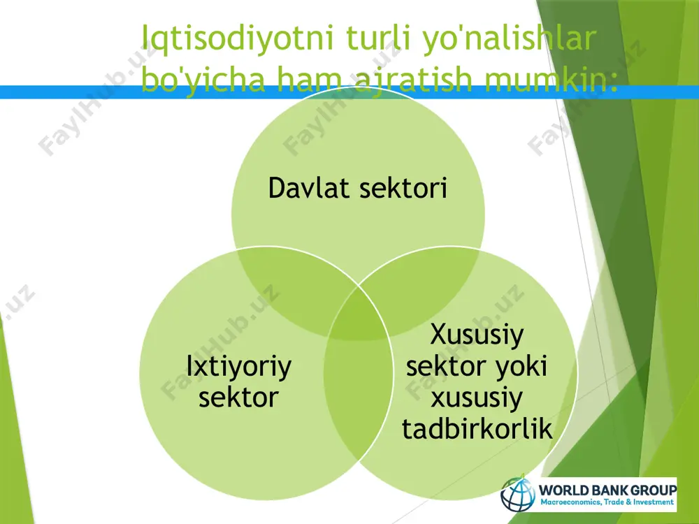 jamiyatlari iqtisodiyotida xizmatlar, moliya va texnologiya - bilimlar iqtisodiyoti tobora muhim rol o'ynaydi. 3 iqtisodiyot ketma-ket bosqichlarda rivojlangan bir nechta tarmoqlarni o'z ichiga olishi mumkin: iqtisodiyotni turli yo'nalishlar bo'yicha ham ajratish mumkin: 4 davlat sektori xususiy sektor yoki xususiy tadbirkorlik ixtiyoriy sektor iqtisodiyot tarmoqlari 5 sanoat qishloq xo’jaligi xizmat ko’rsatish 6 xizmatlar asosiy ijtimoiy muammolarni hal qilishda qanday rol o'ynaydi? - - - - - - - inson kapitalini oshirish y = f(k, l, (t)) ommaviy qashshoqlikni kamaytirish iqlim o'zgarishini yumshatish, yashil energiya va ularni moliyalashtirish aqlli shaharlar va ish joylarini loyihalash hayotiy fanlardagi inqilobni tarbiyalash mobillikning aqlli shakllarini ixtiro qilish (transport) raqamli jamiyatga sarmoya kiritish - elektron tijorat, elektron boshqaruv, elektron sog'liqni saqlash xizmatlar va xizmatlar savdosi bo'yicha kontekstli fikrlar 7 xizmatlar bir muncha vaqtdan beri mavjud edi ... lekin iqtisodiy diplomatiya ob'ekti sifatida ular nisbatan yangi bo'lib qolmoqda, 30 yildan kamroq vaqt oldin! mavzu mavzusi hali ham bajarish …