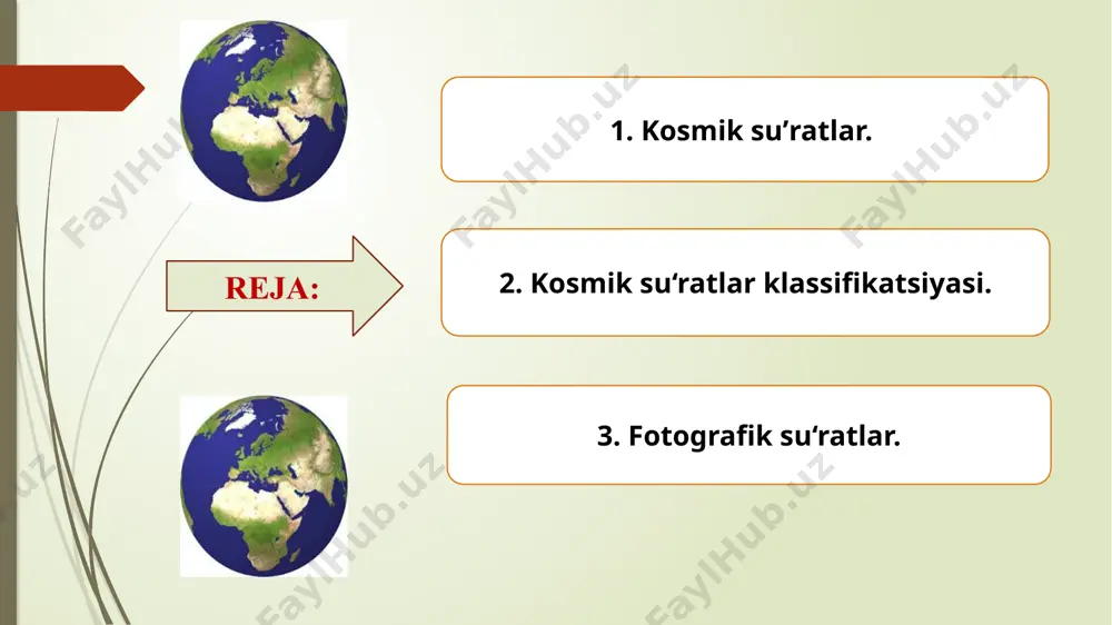 bizning yer atrofidagi yo‘ldoshlar orqali syomka qilish asosiy xisoblanadi. keyingi vaktlarda ko‘p zonali fotografik syomka paydo buldi. fotografik syomkalar uchun ko‘rish 15-20 m tashkil qiladi. geoinformatsion sistemada foydalanish uchun suratlarni maxsus raqamlash kerak. maxsus deshifrlash uchun umumiy va majburiy hisoblangan topografik harakterdagi obyektlarga karta yerdagi obyektlarga aholi punkti, gidrografiya yo'l tarmoqlari kiradi. bular maxsus deshifrlashda kartografik asos bo'lib xizmat qiladi. qishloq xo'jalik ob'ektlarini deshifrlash – bu joydagi qishloq xo'jaligi obektlarini to'liq aniqlash va ular to'g'risida to'liq ma'lumotga ega bo'lish demaqdir. yer tuzuvchi mutaxassis deshifrlash bo'yicha to'liq nazariy va amaliy bilimga ega bo'lishi kerak. foydalanilgan adabiyotlar ro’yhati m.s. akbarov, d.k. muxitdinov “fotogrammetriya va suratlarni deshifirovkalash” toshkent-2008. 2. 1.н.д.ильинский, а.и.обиралов, а.а.фостиков «фотограмметрия дешифрирование снимков» м.недра 1986 3. internet ma’lumotlari: www.google.uz. e’tiboringiz uchun rahmat!!! image1.png image2.jpeg image3.jpeg image4.jpeg image5.jpeg image6.jpeg /docprops/thumbnail.jpeg