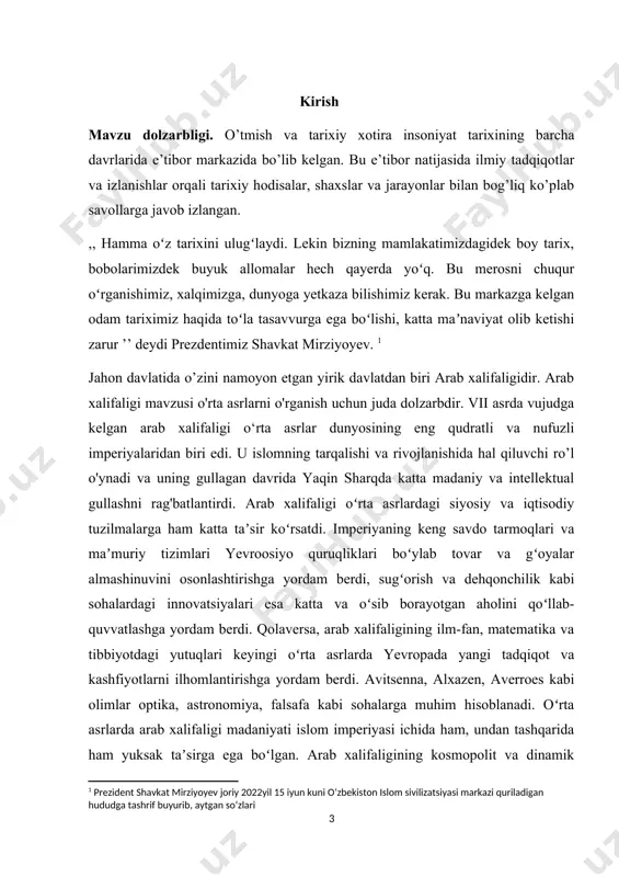 gan. ,,muhammad payg’ambar qissasi", hadislar orqali payg'ambarimiz hayotiy faoliyati yoritilib oʻtgan. f.sulaymonovaning “sharq va g'arb” monografiyasida arab-musulmon madaniyatini yaxlit holda tadqiq etganligini alohida takidlash zarur. shuningdek, b.abduhalimovning “bayt al-hikma va markaziy osiyo olimlarining bag'doddagi ilmiy faoliyati” kitobida o'rta asr manbalarida saqlangan “bayt alhikma” haqidagi malumotlar jamlangan, ular ilk bor atroflicha yoritilib, mazkur ilmiy markazning tashkil topishi, tarkibiy tuzilishi, vazifalari va taraqqiyoti haqida so'z yuritiladi. kurs ishining maqsadi vazifalari. oʻrta asrlarda arab xalifaligini oʻrganishda arab -musulmon dunyosining tarixiy, siyosiy, diniy, ijtimoiy, madaniy rivojlanishini oʻrganish uchun quydagi maqsad va vazifalarni belgilab oldim. · arabiston yarim orolining islomdan oldingi hayotini oʻrganish; · arab xalifaligini vujudga kelishi; · xalifalik hududining kengayishi; · ummaviylar davrida arab-musulmon madaniyati; · abbosiylar davrida arab-musulmon madaniyati shakllanishi; shuningdek, bu mavzuni o`rganishda tarixiy voqea va hodisalarga obyektivlik va haqqoniylik tamoyillariga asoslangan holda yondashishga harakat qildim kurs ishi obyekti va predmeti. arab xalifaligi arabiston yarim oroli, yaqin va oʻrta sharq, shimoliy …