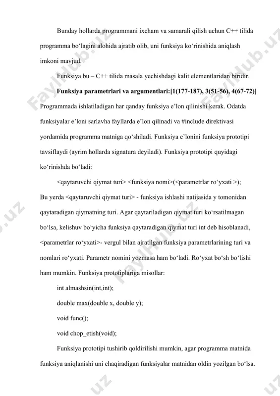 r e’loni int mening_funksiyam(int number, float point); char belgini_uqish(); void bitni_urnatish(short num); void amal_yoq(int,char);_ // funksiyalarni chaqirish result= mening_funksiyam (varb1,3.14); symb=belgini_uqish(); bitni_urnatish(3); amal_yoq(2,smb1); // funksiyalarni aniqlash int mening_funksiyam (int number, float point); {int x; … return x;} char belgini_uqish(); { char symbo1; cin>>symbo1; return symbo1; }; void bitni_urnatish(short number) (global_bit=global_bit|number;}; void amal_yoq(int x, char ch){}; funksiyaning programmadagi o‘rnini yanada tushunarli bo‘lishi uchun son kvadratini hisoblash masalasida funksiyadan foydalanishni ko’raylik. funksiya prototipini sarlavha.h sarlavha faylida joylashtiramiz: long son_kvadrati(int); asosiy programmaga ushbu sarlavha faylini qo‘shish orqali son_kvadrati() funksiya e’loni programma matniga kiritiladi: #include #include “sarlavha.h” int main() { int uzgaruvchi=5; cout long son_kvadrati(int); int main() { int uzgaruvchi=5; cout ”; cin>>n; cout > sarlavha faylida joylashgan(3-ilova qarang): #include #include void chop_qilish (double numb, double aniqlik=1,bool bayroq=true); int main() {double mpi=-3.141592654; chop_qilish(mpi,4, false); chop_qilish(mpi,2); chop_qilish(mpi); return 0; } void chop_qilish(double numb, double aniqlik=1,bool bayroq=true) {if(!bayroq)numb=fabs1(numb); numb=(int)(numb*pow(10,aniqlik)); numb=numb/pow(10,aniqlik); cout // funksiya prototipi int sum …