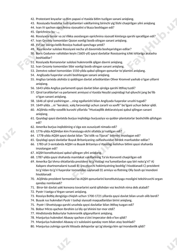 ? 25. o'rta osiyo oltiniga ega bo'lish maqsadida pyotr i qachon xivaga harbiy ekspeditsiya jo'natgan edi? 26. kobul hukmdori muhammad zahiriddin bobur hindistonga yurish qilganida u yerda kimlar hukmronlik qilardi? 27. bobur mirzo qaysi jangda ibrohim lo'diy qo'shinini tor-mor etdi? 28. bobur mirzo qachon ibrohim lo'diy qo'shinini tor-mor etdi? 29. hindistonda boburiylar hukmronlik qilganyillarni aniqlang. 30. mirzo bobur o'limidan keyin taxtga kim o'tirdi? 31. ispaniya qiroli mahalliy hindularni qulga aylantirishni taqiqlab qo’yuvchi qonun chiqargan sanani aniqlang. 32. admiral so’zi qaysi tildan olingan? 33. dunyo bo’ylab birinchi dengiz sayohatini kim va qachon amalga oshirgan edi? 34. abu rayhon beruniy o’zining qaysi asarida amerika qit’asi mavjudligini taxmin qilgan edi? 35. amerika kashf qilingan kun sifatida nishonlanadigan kunni aniqlang. 36. osiyo qit'asi qirg'oqlari atlantika okeanining g'arbiy sohilida deb hisoblagan olimni aniqlang. 37. martin lyuter qaysi universitetning ilohiyot professori bo’lgan? 38. qachon martin lyuter o'zining "95 tezis" deb nomlangan xitobnomasini cherkov eshigiga yopishtirib qo'ydi? …