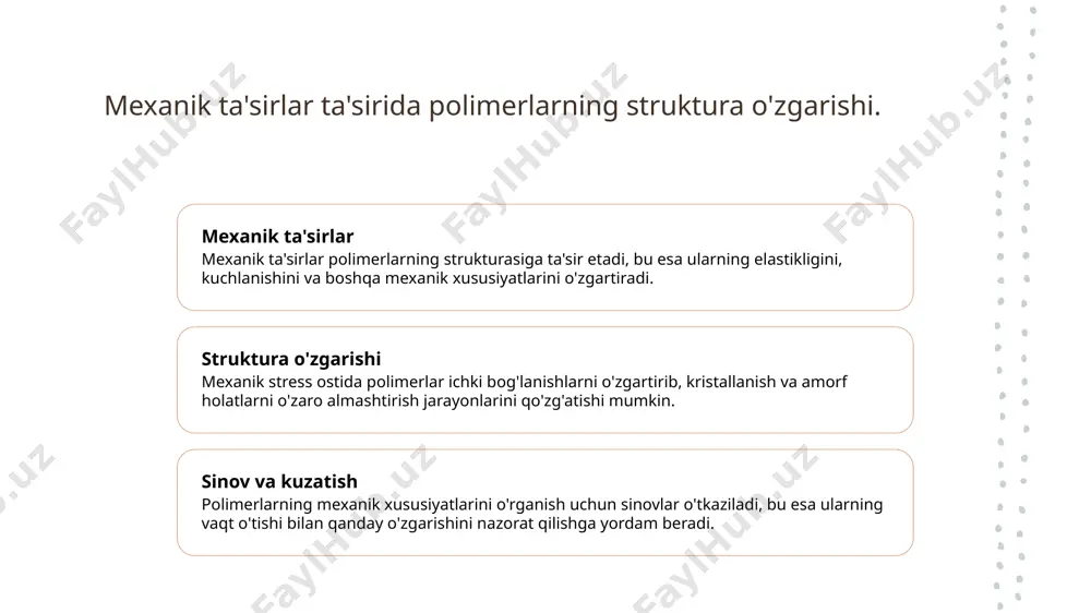 ida young moduli va sudralish o'lchovlarini amalga oshirgan holda, ularning mexanik xususiyatlarini aniqlashga yordam beradi. 4 natijalar va tahlil - olingan natijalar, polimerlarning mexanik xususiyatlaridagi o'zgarishlarni ko'rsatib, ularning uzoq muddatli ishlashiga ta'sirini tahlil qilish imkonini beradi. polimerlarning mexanik ta'sirlar ostida chidamlilik ko'rsatkichlari. chidamlilik turlari polimerlarning chidamlilik ko'rsatkichlari elastiklik muddati, qisqarish va kengayish kabi turli xususiyatlarni o'z ichiga oladi, bu esa ularning mexanik xususiyatlarini belgilaydi. ta'sir mexanizmlari mexanik stress ostida polimerlar ichki tuzilmalarda o'zgarishlarga duch keladi. bu o'zgarishlar, parchalash va deformatsiyalash jarayonlarida ko'rinadi. o'lchov usullari chidamlilik ko'rsatkichlarini aniqlash uchun turli o'lchov usullari qo'llaniladi, masalan, statik va dinamik testlar, bu esa materialning ishonchliligini ta'minlaydi. sudralish va young moduli: materiallar fanidagi ahamiyati. sudralish va young moduli materiallar fanidagi roli amaliy tadqiqotlar sudralish va young moduli polimer materiallarining mexanik xususiyatlarini o'lchashda muhim ahamiyatga ega. ushbu parametrlar materiallarning ishlash muddatini belgilaydi. sudralish va young moduli materiallar fanida polimerlarning elastiklik va chidamlilik darajasini aniqlashda muhim rol …
