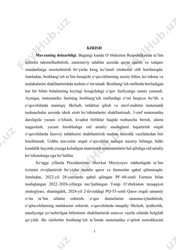a’lim tizimini rivojlantirish bo‘yicha muhim qaror va farmonlar qabul qilinmoqda. jumladan, 2022-yil 28-yanvarda qabul qilingan pf–60-sonli farmon bilan tasdiqlangan 2022–2026-yillarga mo‘ljallangan yangi o‘zbekiston taraqqiyot strategiyasi, shuningdek, 2024-yil 2-fevraldagi pq-53-sonli qaror orqali umumiy o‘rta ta’lim sifatini oshirish, o‘quv dasturlarini zamonaviylashtirish, o‘qituvchilarning malakasini oshirish, o‘quvchilarda tanqidiy fikrlash, ijodkorlik, amaliyotga yo‘naltirilgan bilimlarni shakllantirish ustuvor vazifa sifatida belgilab qo‘yildi. bu islohotlar boshlang‘ich ta’limda matematika o‘qitish metodikasini yangicha yondashuvlar asosida tashkil etishni taqozo etmoqda. yuza o‘lchov birliklarini o‘rgatish mavzusi o‘quvchilarning matematik tushunchalari, fazoviy tafakkuri va o‘lchash ko‘nikmalarini shakllantirishda muhim ahamiyatga ega. to‘g‘ri tashkil etilgan darslar o‘quvchilarda fanga qiziqishni oshirib, mustaqil fikrlash, kuzatish va tahlil qilish qobiliyatlarini rivojlantiradi. shu sababli ushbu mavzuni o‘qitishda ilg‘or pedagogik texnologiyalar, amaliy mashg‘ulotlar, ko‘rgazmali vositalar va o‘yin elementlaridan samarali foydalanish dolzarb ahamiyat kasb etadi. kurs ishining maqsadi. 3-sinf matematika darslarida yuza o‘lchov birliklarini o‘rgatishning samarali metodikasini ishlab chiqish, o‘quvchilarda amaliy ko‘nikmalarni shakllantirishga xizmat qiluvchi usullarni aniqlash va ularni dars jarayonida qo‘llash …
