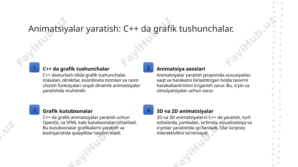 sturlash texnologiyalari yordamida tayyorlangan yangi ta'lim dasturlari, o'zbek madaniyatini namoyish etishda va ta'lim sifatini oshirishda samarali yechimlar taqdim etadi. o'zbek madaniyatida c++ yordamida yaratilgan interaktiv dasturlar. 1 o'yinlar va simulyatsiyalar c++ yordamida yaratilgan interaktiv o'yinlar va simulyatsiyalar o'zbek madaniyatining elementlarini o'z ichiga olib, ta'limda qiziqarli formatda taqdim etadi. 2 madaniy taqdimotlar interaktiv dasturlar o'zbek folkloridan ilhomlanib, an'anaviy hikoyalarni zamonaviy formatda namoyish etadi, bu esa yoshlarni madaniyatga qiziqtiradi. 3 ta'lim dasturlari c++ yordamida ishlab chiqilgan ta'lim dasturlari, talabalar uchun interaktiv va qiziqarli muhit yaratib, o'zbek tarixini va madaniyatini o'rganishni osonlashtiradi. texnologik yangiliklar: o'zbekistonda animatsion ta'lim vositalari. 1 o'zbekistondagi innovatsiyalar o'zbekistonda animatsion ta'lim vositalari sohasida yangi texnologiyalar, masalan, vr va ar, ta'lim jarayonini yanada interaktiv va samarali qiladi. 2 ta'limda o'yinlar animatsion o'yinlar orqali talabalar bilimlarni osonroq qabul qiladilar. o'yin asosida ta'lim, bilimlarni mustahkamlashda samarali vosita hisoblanadi. 3 madaniy mavzular o'zbek madaniyatiga oid animatsiyalar, talabalarni madaniyatimizga qiziqtirish va o'rganishga undashda muhim ahamiyatga …
