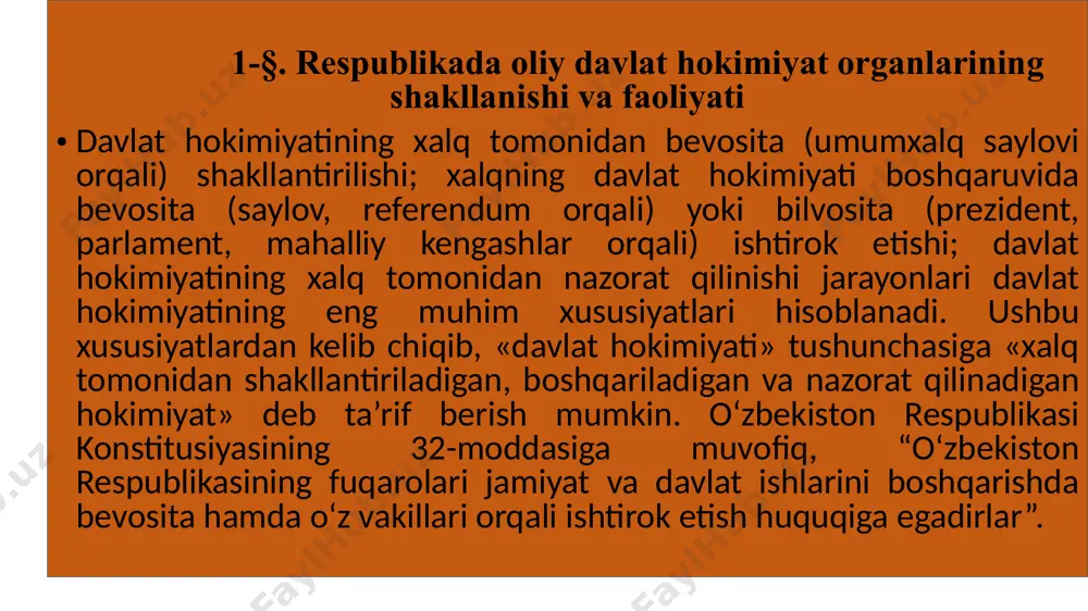 lindi. qonunchilik palatasi 120 nafar deputatdan, senat 100 nafar senatordan iborat etib shakllantirildi. bu o‘zgarishlar 2003-yil 24-aprelda qabul qilingan “o‘zbekiston respublikasining konstitutsiyasiga o‘zgartish va qo‘shimchalar kiritish to‘g‘risida”gi qonunda ham o‘z ifodasini topdi. 2003-yil 29-avgustda “o‘zbekiston respublikasi oliy majlisiga saylovlar to‘g‘risida”gi qonunga o‘zgartish va qo‘shimchalar kiritilib, mazkur qonun yangi tahrirda qabul qilindi. oliy majlis faoliyati 2004-yil 26-dekabr va 2005-yil 9-yanvarda o‘zbekiston respublikasi oliy majlisi qonunchilik palatasiga va xalq deputatlari viloyat, tuman va shahar kengashlariga saylovlar bo‘lib o‘tdi. 2005-yil 17–20-yanvar kunlari esa o‘zbekiston respublikasi oliy majlisining senatiga saylov bo‘lib o‘tdi. 2005-yil 27-yanvarda o‘zbekiston respublikasi oliy majlisi ikki palata – qonunchilik palatasi (quyi palata) va senat (yuqori palata)dan iborat qilib shakllantirildi. qonunchilik palatasiga 120 nafar deputat saylandi. o‘zbekiston respublikasi oliy majlisi senatiga respublikaning har bir hududidan 6 nafardan, jami 84 senator saylandi. konstitutsiyaning 77-moddasiga muvofiq, senatning 16 nafar a’zosi fan, san’at, adabiyot, ishlab chiqarish sohasida hamda davlat va jamiyat faoliyatining boshqa tarmoqlarida katta …