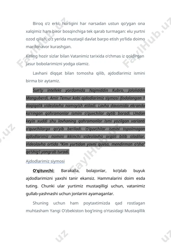 hilar javobi oʻqituvchi: shuhratbek tutgan yoʻl, oʻz oldiga qoʻygan maqsadlari haqida siz qanday fikrdasiz? oʻquvchilar javobi oʻqituvchi: endi sizlarga yana bir misol aytaman. yoshligida otasidan ayrilib, poytaxtimizdagi kichikkina hovlida yashab, katta orzulari sari dadil qadam tashlagan yurtdoshlarimizdan biri shaxmat byoʻicha jahon chempioni rustam qosimjonovni bugun hamma yaxshi biladi. u 2004-yilda liviyaning tripoli shahrida oʻtkazilgan toj uchun kurashda ingliz grossmeystri adamsni magʻlub etib, 17-jahon chempioni, degan yuksak unvonni qoʻlga kiritgan edi. sizlarning har biringiz bugun ega boʻlgan sharoit va imkoniyatlar rustamjonnikidan koʻp boʻlsa koʻpki, aslo kam emas. demak... demak, hamma gap odamning oʻziga bogʻliq! uning harakatlariga, intilishlariga, oldiga katta maqsadlar qoʻya olishiga, shu maqsadlar yoʻlida tinimsiz izlanishi, mehnat qilishiga bogʻliq! mana shu izlanish, oʻqib-oʻrganish, oʻzini tinimsiz rivojlantirish, ishoningki, mustaqilligimizning mustahkamlanishiga, vatanimizning yana-da rivojlanishi va dunyoga dovrugʻ solishiga, albatta, salmoqli hissa boʻlib qoʻshilajak! xalqimiz faxrlanadigan yurtdoshlarimiz orasida tezkor shaxmat boʻyicha jahon chempioni nodirbek abdusattorov ham bor. keling hozir ularning olamshumul muvaffaqiyatlarga qanday …