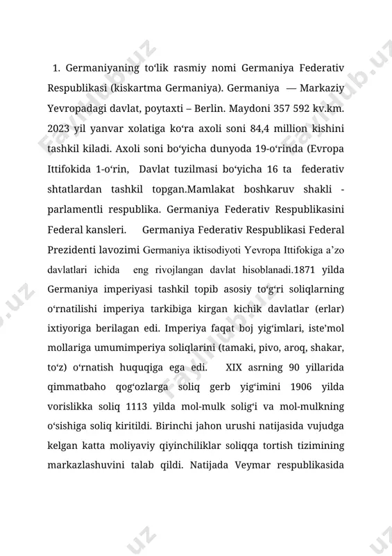 i jon boshiga to‘g‘ri keladigan yaim yevropa ittifoki o‘rtacha ko‘rsatkichining 117% ni, axoli jon boshiga nominal yaim esa 124,77% ni tashkil etdi. uning xarakterli xususiyatlari eksportga yo‘naltirilganlik, yukori malakali ishchi kuchi, konservativ solik siyosati va energiya importiga bog‘liklikligidadir. jaxon yalpi ichki maxsulotining 3% dan ortig‘i germaniya ulushiga to‘g‘ri keladi. ammo bu germaniya jaxon yalpi ichki maxsulotining 6% dan ko‘prog‘ini tashkil kilgan 1980-yillarga nisbatan sezilarli pasayganligi bilan xarkterlandi germaniya iktisodiyoti yevropa ittifokiga a’zo davlatlari ichida eng rivojlangan davlat hisoblanadi. 2022 yilda axoli jon boshiga to‘g‘ri keladigan yaim yevropa ittifoki o‘rtacha ko‘rsatkichining 117% ni, axoli jon boshiga nominal yaim esa 124,77% ni tashkil etdi. uning xarakterli xususiyatlari eksportga yo‘naltirilganlik, yukori malakali ishchi kuchi, konservativ solik siyosati va energiya importiga bog‘liklikligidadir. jaxon yalpi ichki maxsulotining 3% dan ortig‘i germaniya ulushiga to‘g‘ri keladi. ammo bu germaniya jaxon yalpi ichki maxsulotining 6% dan ko‘prog‘ini tashkil kilgan 1980-yillarga nisbatan sezilarli pasayganligi bilan xarkterlandi germaniyada soliklar iktisodiy …