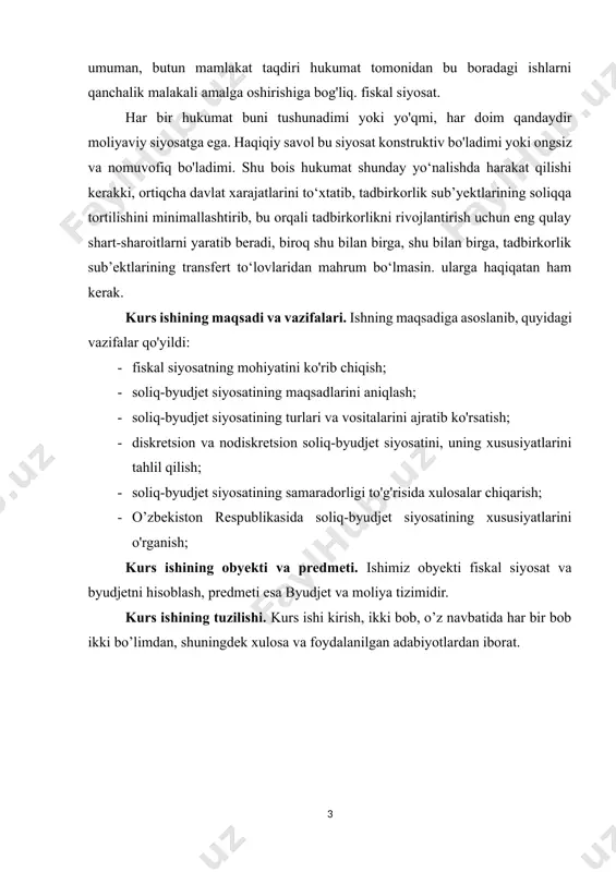 samaradorligi to'g'risida xulosalar chiqarish; · o’zbekiston respublikasida soliq-byudjet siyosatining xususiyatlarini o'rganish; kurs ishining obyekti va predmeti. ishimiz obyekti fiskal siyosat va byudjetni hisoblash, predmeti esa byudjet va moliya tizimidir. kurs ishining tuzilishi. kurs ishi kirish, ikki bob, o’z navbatida har bir bob ikki bo’limdan, shuningdek xulosa va foydalanilgan adabiyotlardan iborat. i bob. foyda solig’i va uni hisoblash 1.1. yuridik shaxslardan olinadigan foyda solig‘ining joriy qilinishi, iqtisodiy mohiyati va ahamiyati o‘zbekiston respublikasi davlat byudjeti daromadlari 1991 yilga qadar asosan dalat korxonalari foydasidan ajratiladigan ajratmalar hisobidan shakllanar edi. ushbu foydadan ajratma davlat tomonidan belgilangan majburiy to‘lov bo‘lib, u korxonalar balans foydasining 90 foizgacha bo‘lgan qismini byudjetga olib ketar edi. qolgan mablag‘lar esa korxona tomonidan emas, balki yuqori tashkilot topshirig‘iga ko‘ra tegishli fondlarga taqsimlanar edi. respublikamiz ma’muriy-buyruqbozlik tizimidan bozor munosabatlariga o‘tishi tufayli mamlakatimiz xo‘jalik turmushida chuqur ijobiy o‘zgarishlar ro‘y bera boshladi. natijada mulkchilikning turli shakllari rivojlanishi, korxonalarning imkoniyatini oshishi, bozor infrastrukturasi rivojlanishi bilan …